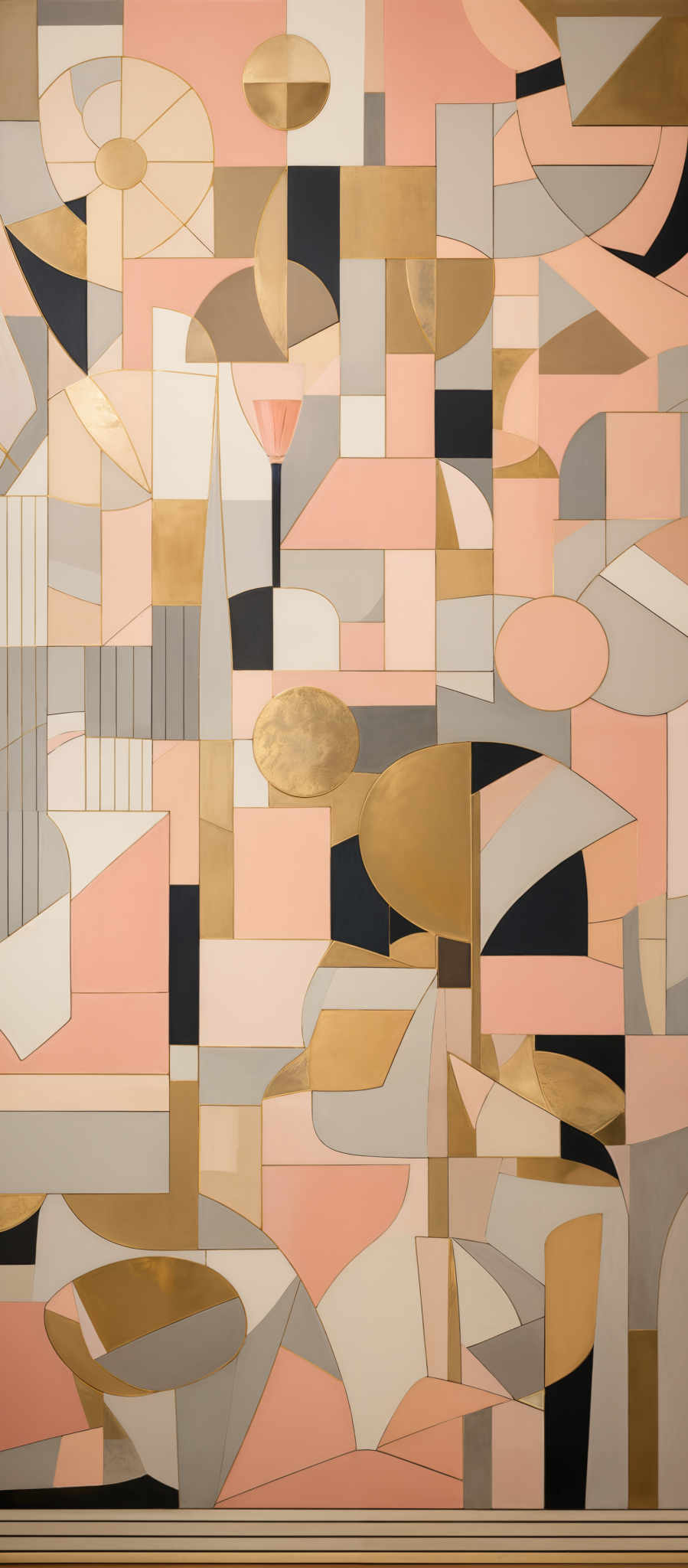 The image showcases an abstract artwork with a myriad of geometric shapes and colors. Dominant colors include shades of pink, beige, gold, and black. The shapes are a mix of rectangles, circles, and angular forms. There are overlapping and interlocking patterns, with some shapes having a glossy or reflective finish, possibly indicating a material like metal or glass. The overall composition gives a sense of depth and dimension, with certain shapes appearing to recede into the background.