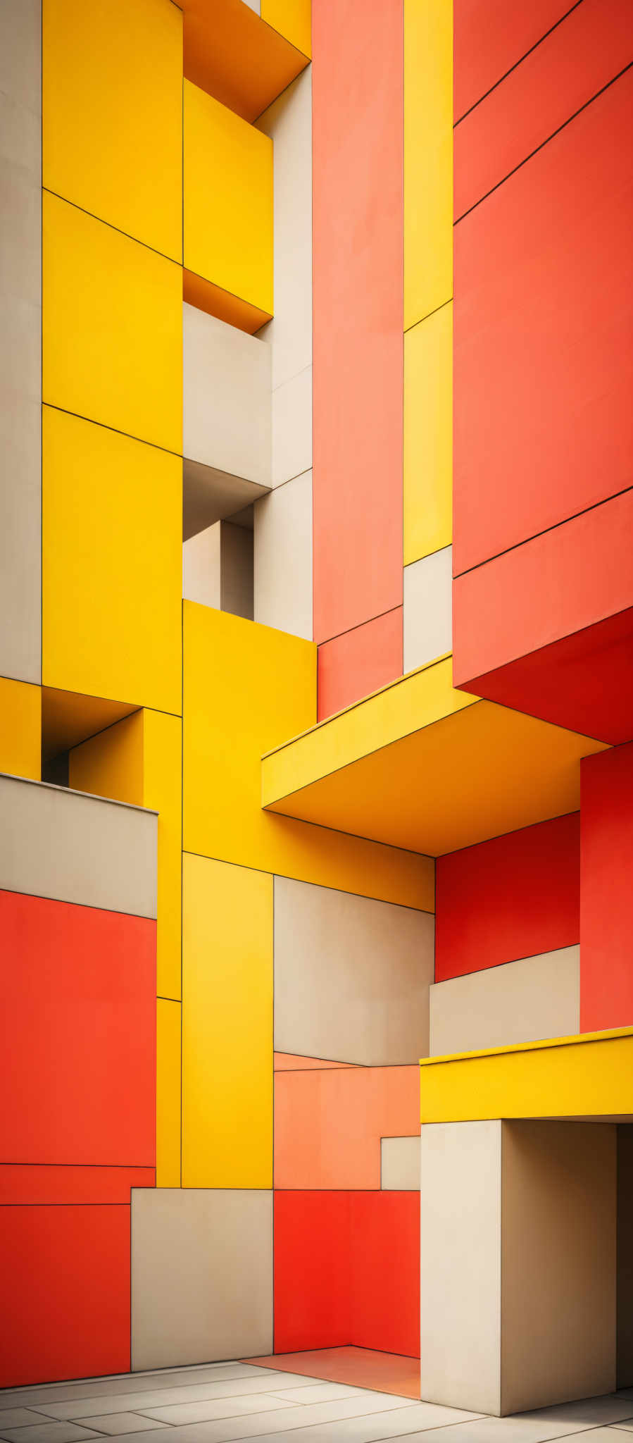 The image showcases a geometric architectural design with a vibrant color palette. The predominant colors are yellow, red, and beige. The design consists of rectangular blocks, some of which overlap, creating a play of light and shadow. The blocks are arranged in a manner that gives an illusion of three-dimensionality, with some blocks appearing to be protruding from the surface while others seem recessed. The floor is also adorned with a patterned tile design, complementing the overall aesthetic of the structure.