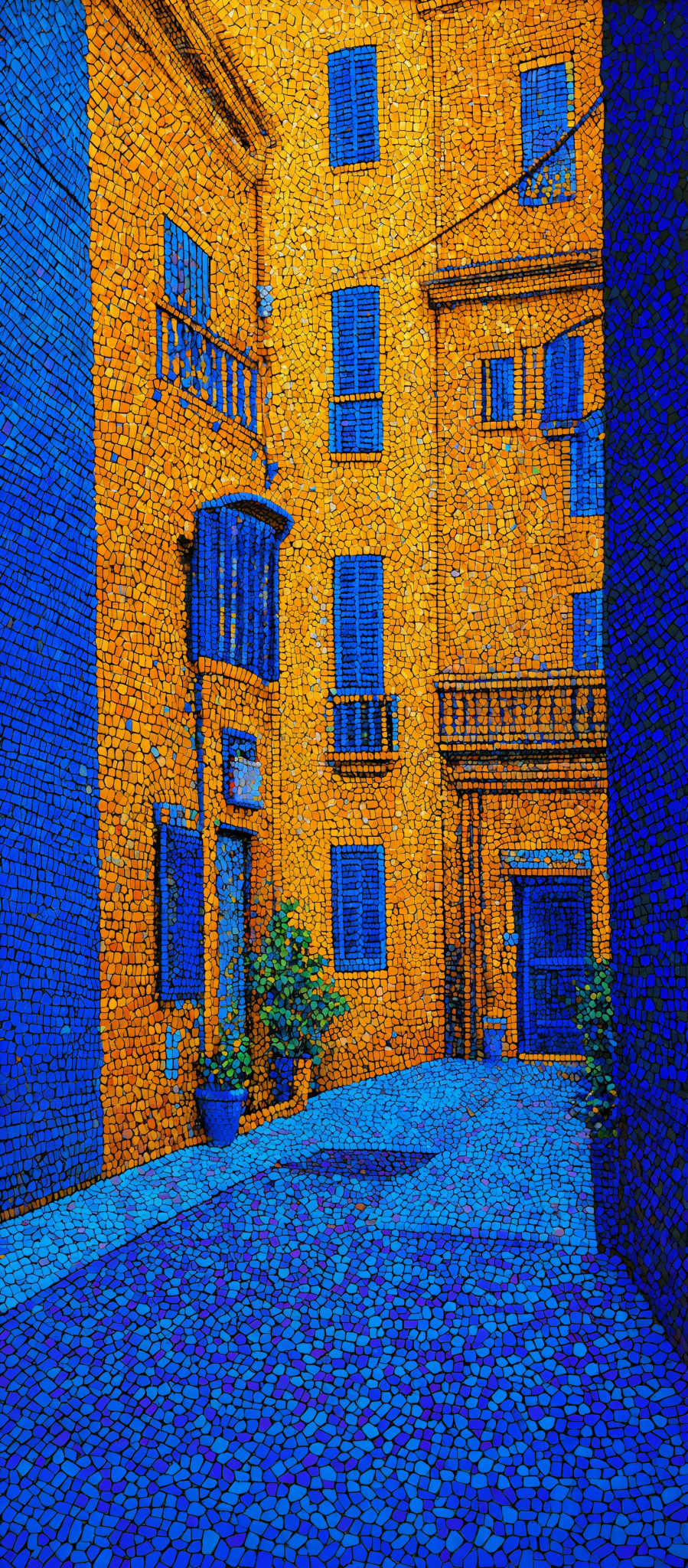 The image showcases a vibrant and detailed mosaic representation of a narrow alleyway. The dominant colors are shades of blue and orange, with the blue representing the walls and the orange representing the buildings. The mosaics are intricately designed, capturing the texture and details of the buildings, such as windows, doors, and balconies. The ground is adorned with a pattern of multicolored tiles, predominantly in shades like blue, purple, and pink, which adds depth and contrast to the scene.