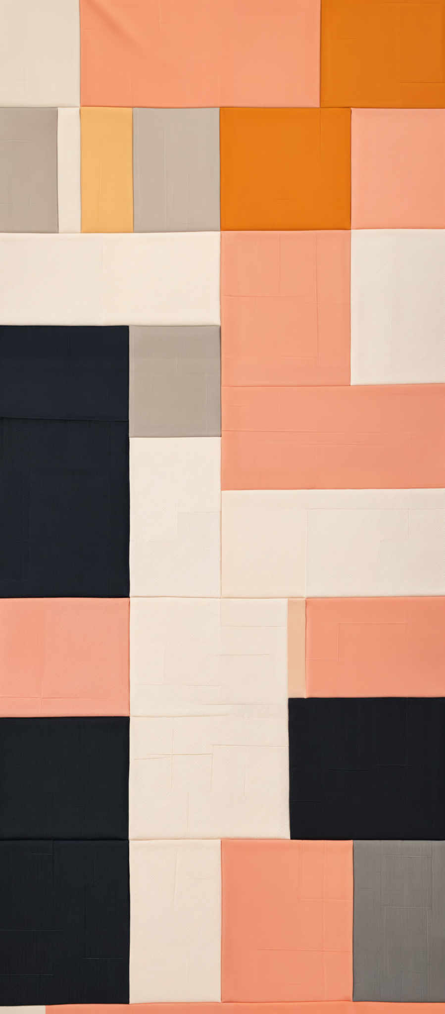 The image showcases a series of rectangular and square blocks arranged in a grid-like pattern. Each block has a distinct color, ranging from soft peach, light gray, deep navy, to mustard yellow. The arrangement of these blocks creates a visually appealing and structured composition, reminiscent of a quilt or a textile art piece.