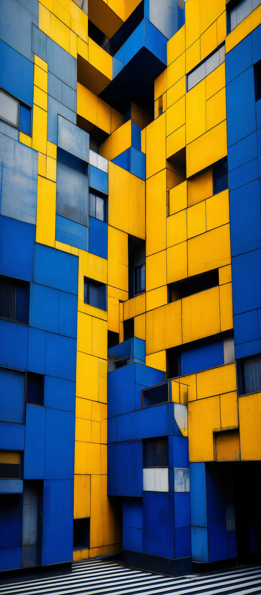 The image showcases a building facade with a unique and abstract design. The predominant colors are blue and yellow. The building's structure consists of interconnected rectangular and square panels, creating an intricate mosaic of shapes. The panels vary in size and are arranged in a seemingly random pattern. The ground has a striped pattern, possibly indicating a pedestrian walkway or a road.