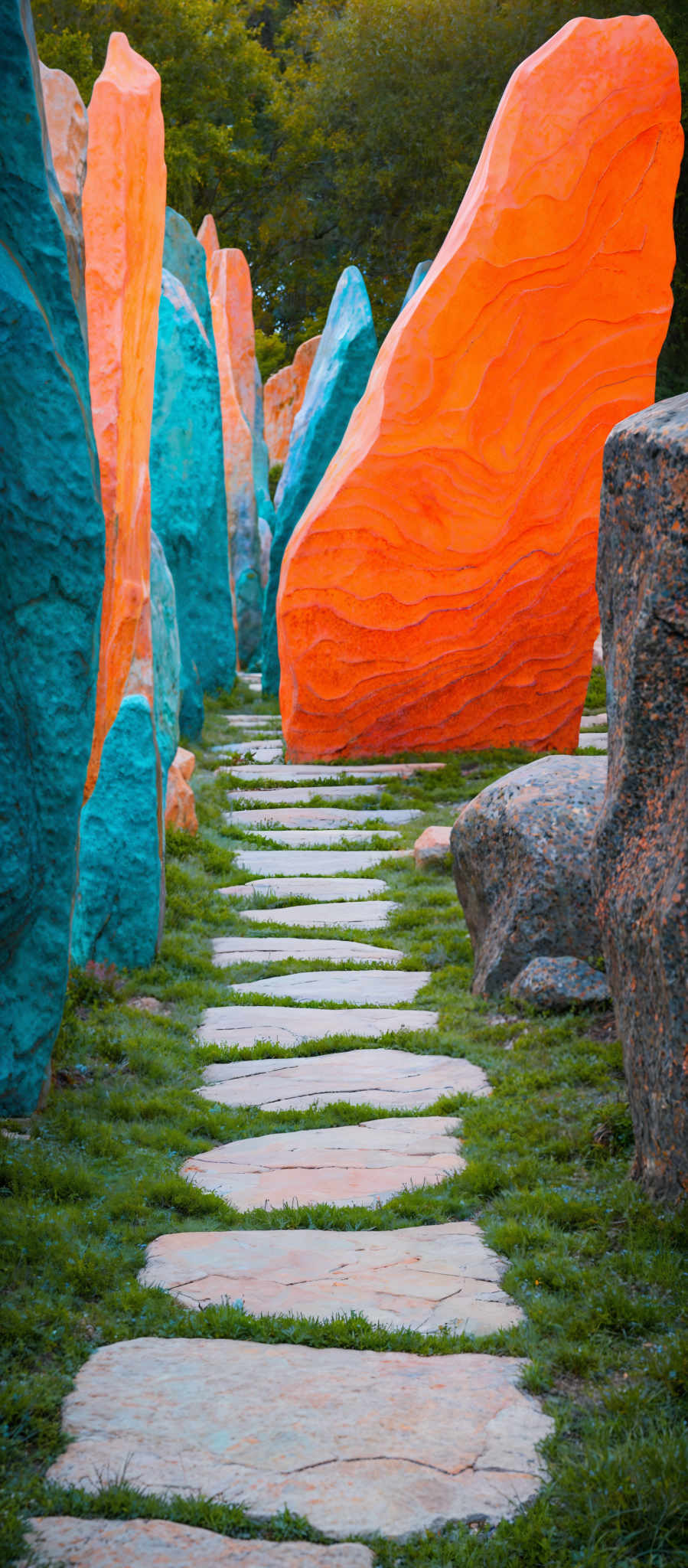 The image showcases a vibrant and colorful scene with large, abstract sculptures. The sculptures are primarily in shades of orange, blue, and green. They have a wavy, layered texture, reminiscent of sedimentary rock formations. The ground is adorned with flat, rectangular stone slabs, interspersed with patches of green grass. A stone pathway leads the viewer's eye through the scene, with each stone slab carefully placed to avoid disrupting the natural grassy area.