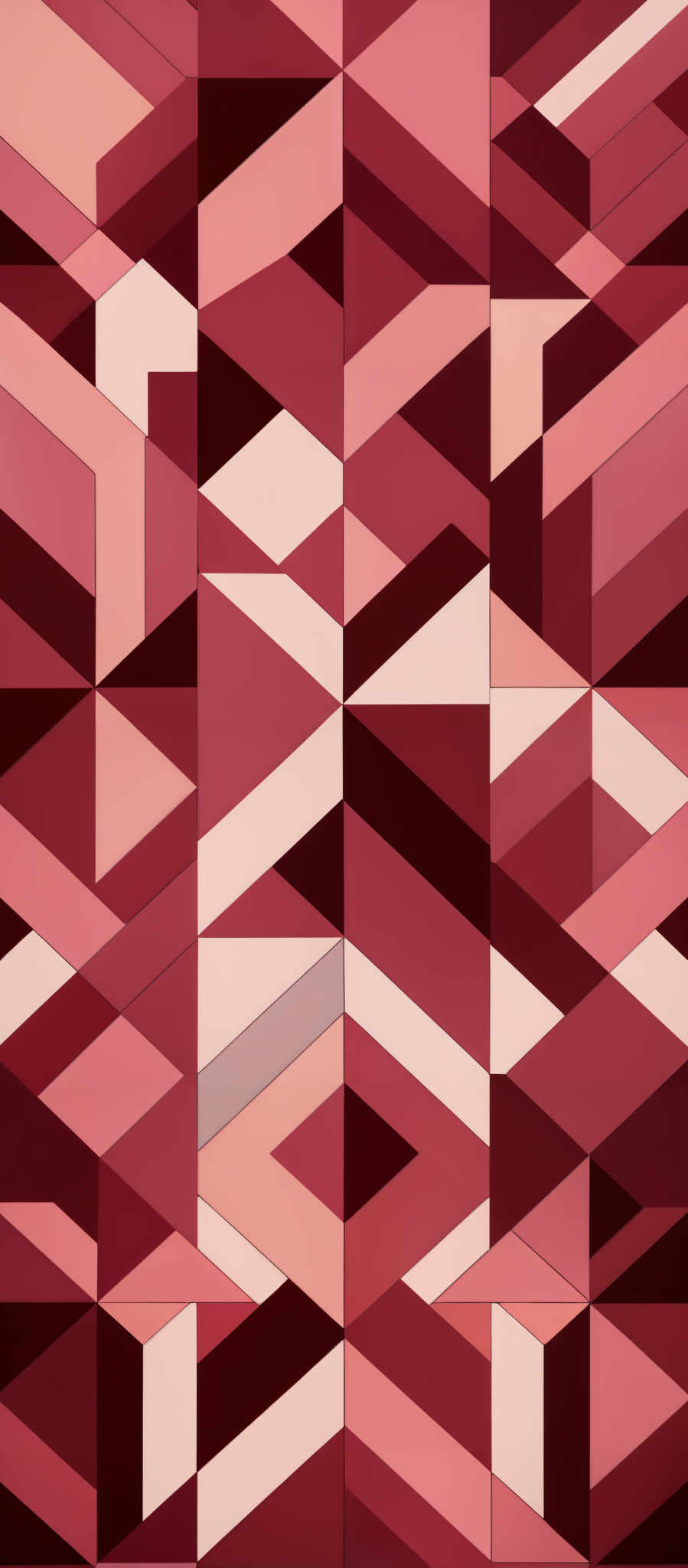 The image showcases a geometric pattern composed of various triangles and rectangles. The dominant colors are shades of pink, red, and white. The shapes are intricately intertwined, creating a visually appealing and symmetrical design. The pattern seems to be a digital artwork, possibly a wallpaper or a design for a digital platform.