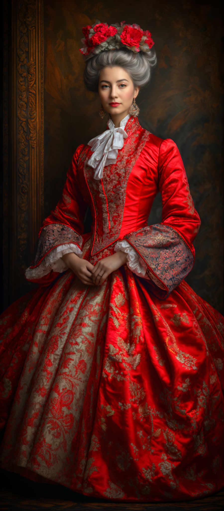 The image showcases a woman dressed in a vibrant red gown adorned with intricate gold patterns. The gown has a voluminous skirt and is paired with a white, ruffled blouse underneath. The woman's hair is styled in an elaborate updo, crowned with a floral arrangement of red flowers. The background is dark, with ornate golden designs, providing a contrast to the bright colors of the woman'e attire.