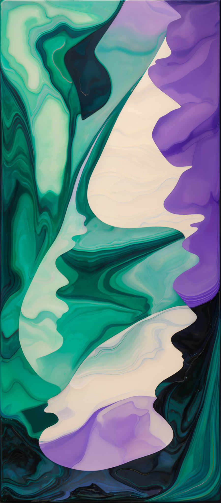 The image showcases a vibrant and abstract representation of fluid dynamics. It features a mix of colors, predominantly shades of green, purple, and white. The shapes are fluid and wavy, resembling the flow of water or a liquid substance. The interplay of colors creates a mesmerizing effect, with the white areas representing light reflections or possibly foam.