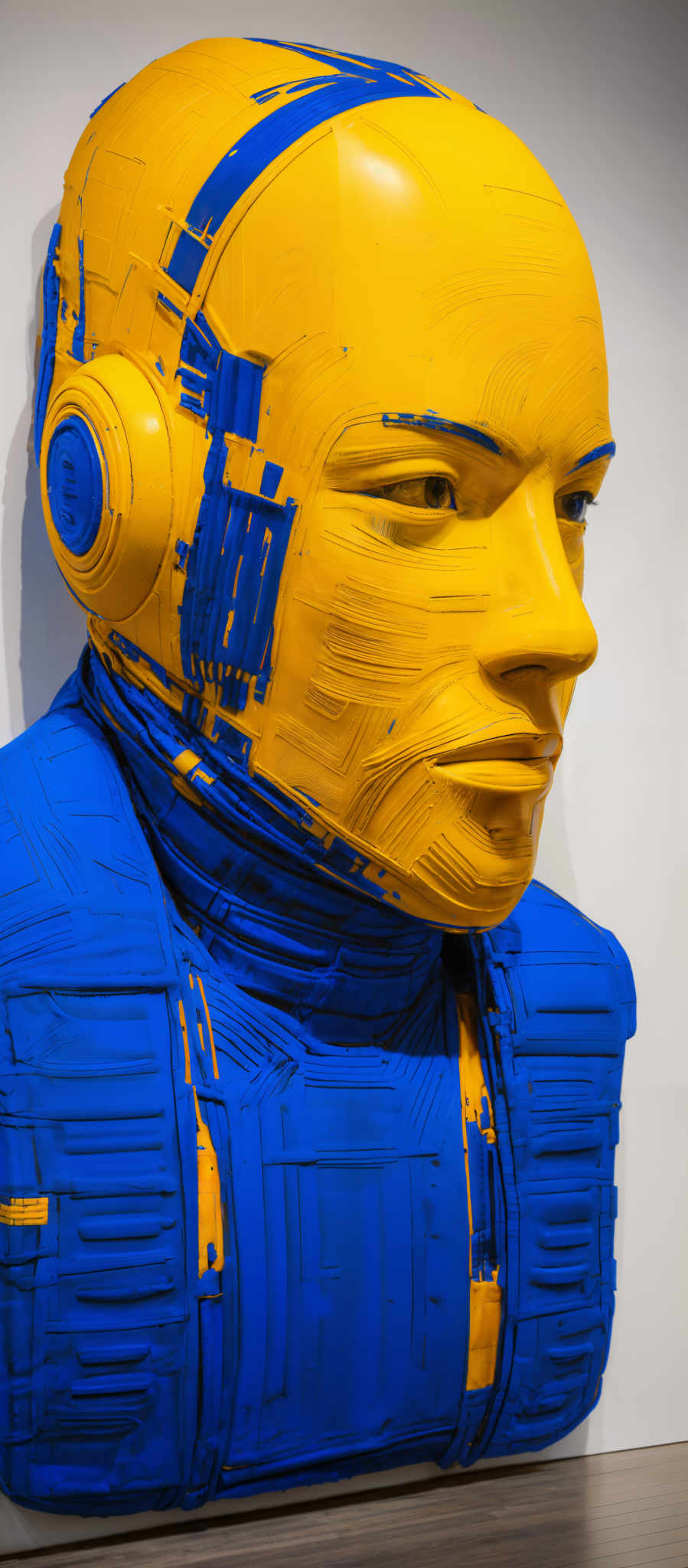 The image showcases a three-dimensional sculpture of a human head. The head is predominantly yellow with intricate blue patterns and details. The blue patterns resemble circuitry or mechanical components, giving the head a futuristic or robotic appearance. The sculpture also features a large circular blue detail on the side, resembling an earpiece or headphone. The overall shape is reminiscent of a bust or profile view of a person's head.