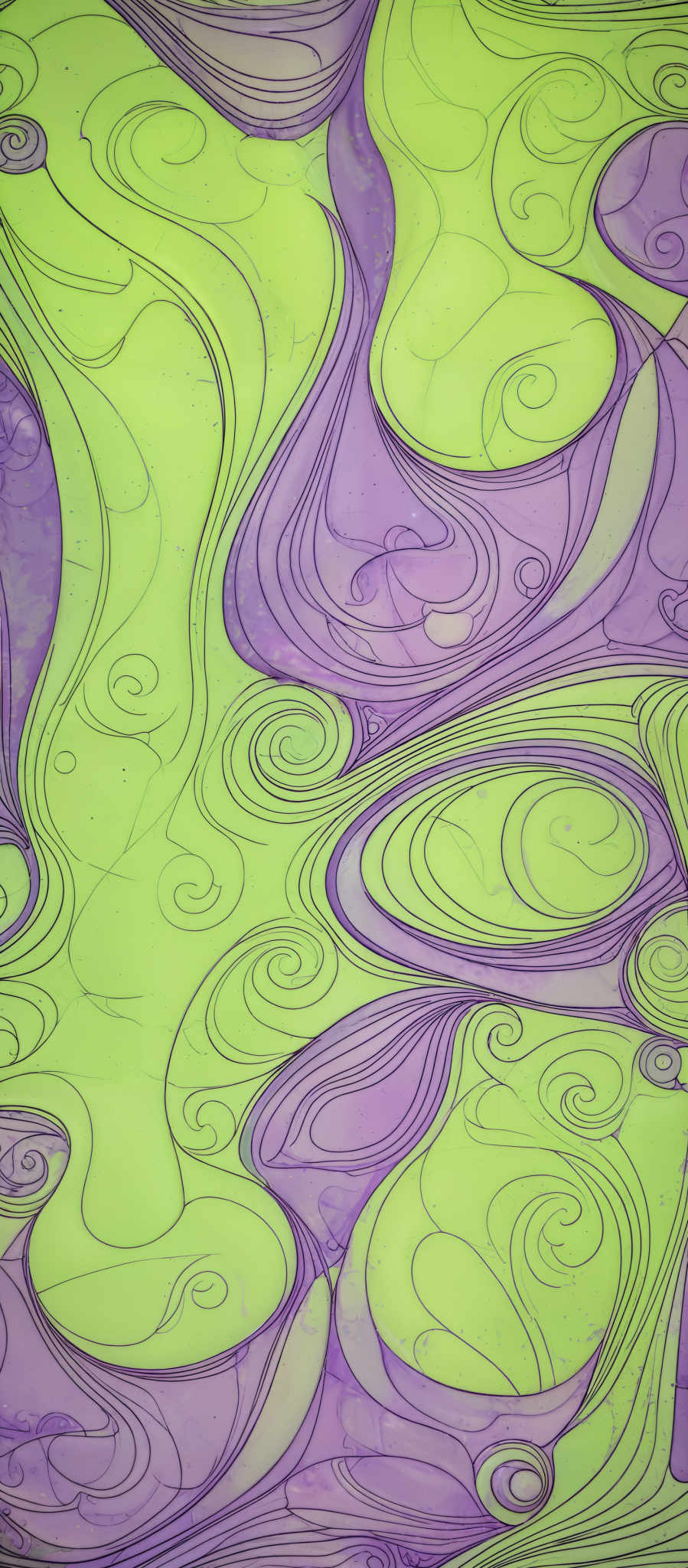 The image showcases a vibrant and intricate design with swirling patterns. The dominant colors are shades of green and purple. The swirls are symmetrical and appear to be interconnected, creating a mesmerizing effect. The design is reminiscent of abstract art, where the shapes and patterns are free-flowing and not bound by real-world constraints.