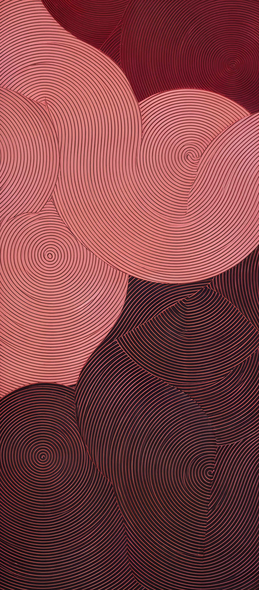 The image showcases a series of overlapping concentric circles with varying degrees of opacity. The color palette consists mainly of shades of pink, peach, and a deep burgundy. The circles are intricately designed with wavy lines that give a sense of movement and fluidity. The overlapped nature of the circles creates a layered effect, adding depth and dimension to the overall composition.