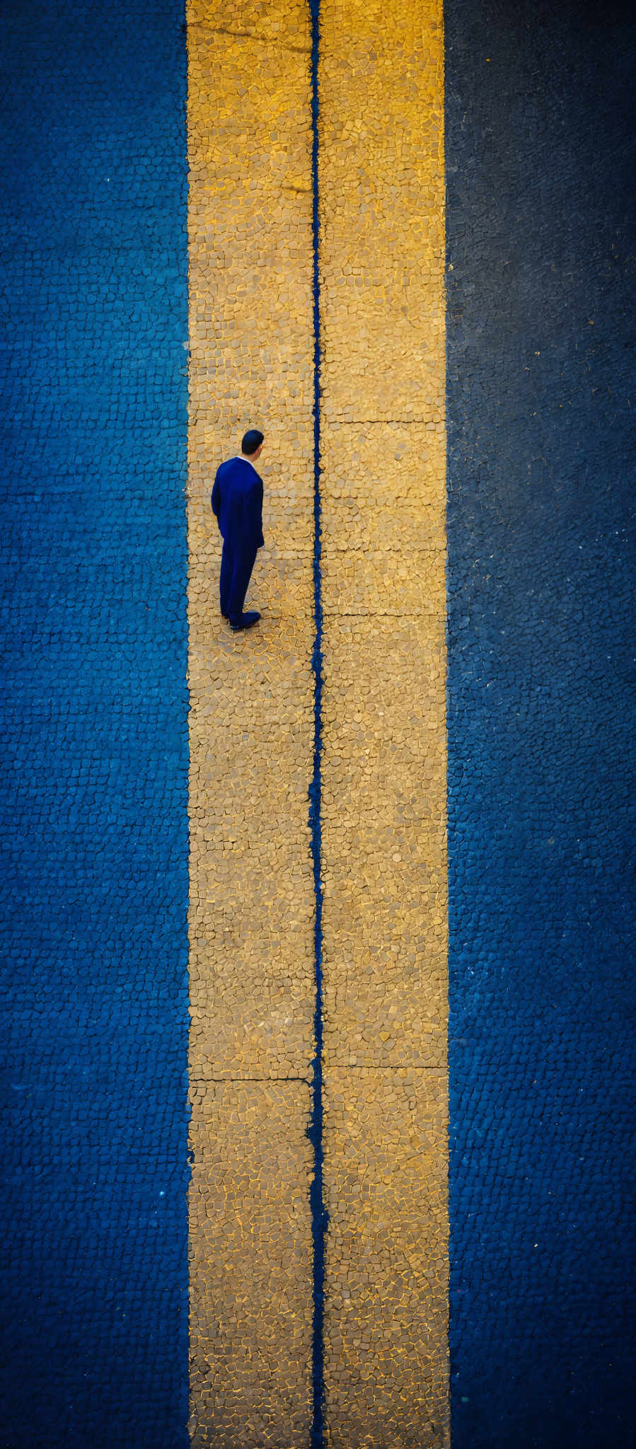 The image showcases a vibrant contrast of colors. The ground is divided into two main sections by a vertical yellow line. The left side is a deep blue, while the right side is golden-yellow. In the center of the golden- yellow section, there's a person dressed in a blue outfit, seemingly walking or standing still. The texture of the ground appears to be made of cobblestones, and the overall mood of the image is serene and contemplative.