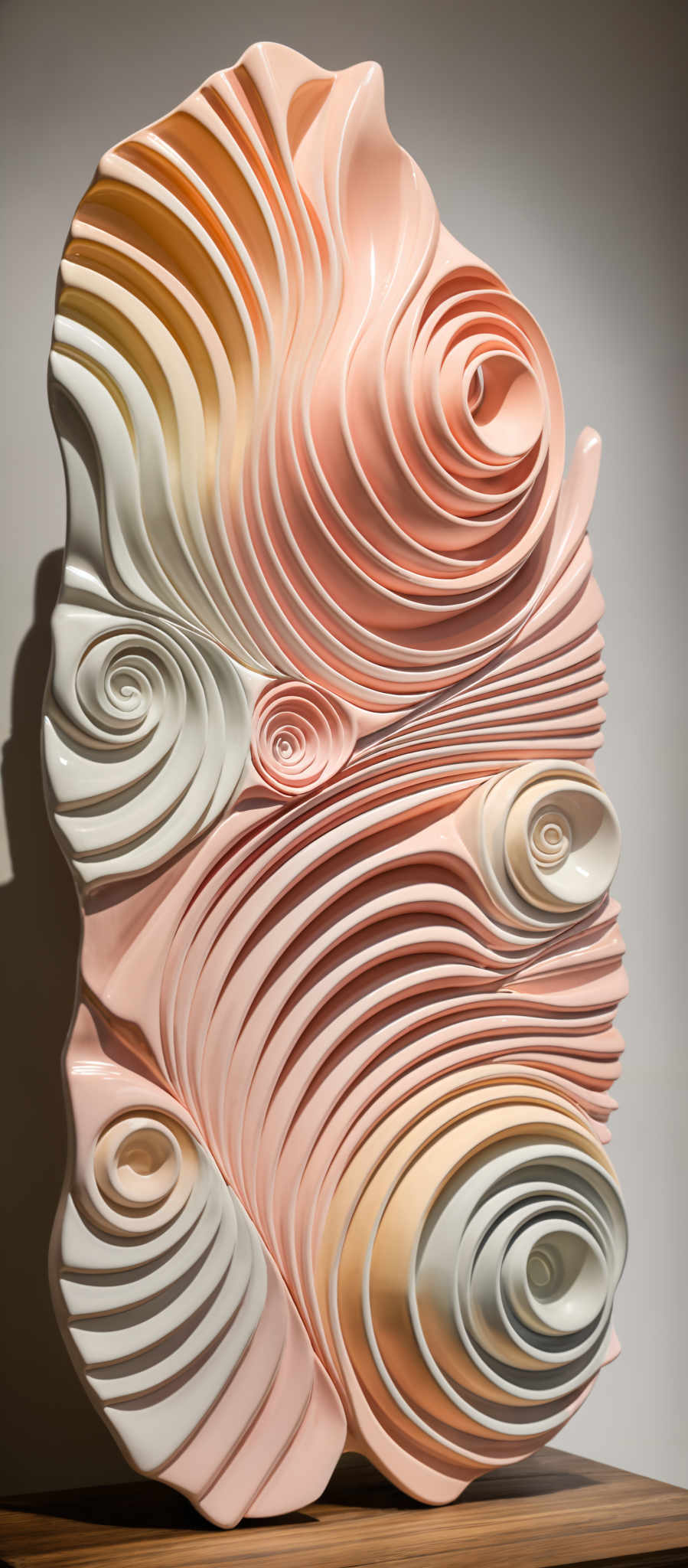 The image showcases a three-dimensional artwork or sculpture. It predominantly features a series of swirling patterns in varying shades of pink, peach, and cream. The swirls are intricately designed, resembling the flow of water or the curves of a wave. The artwork is displayed on a wooden surface, and the background is a neutral gray, emphasizing the vibrant colors of the sculpture itself.