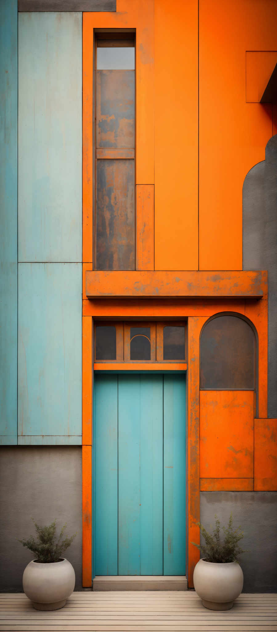 The image showcases a vibrant and eclectic architectural design. The dominant colors are a deep orange and a muted teal. The orange wall has a rustic appearance with patches of wear and tear, revealing underlying layers and textures. Adjacent to the orange wall is a teal door with a modern design. Above the door, there's a rectangular window with a unique geometric pattern. The wall also features a series of rectangular panels in varying shades of teal and gray. To the left of the door are two round planters, each containing a small plant. The floor appears to be made of wooden planks, and the overall ambiance of the image exudes a contemporary yet artistic vibe.