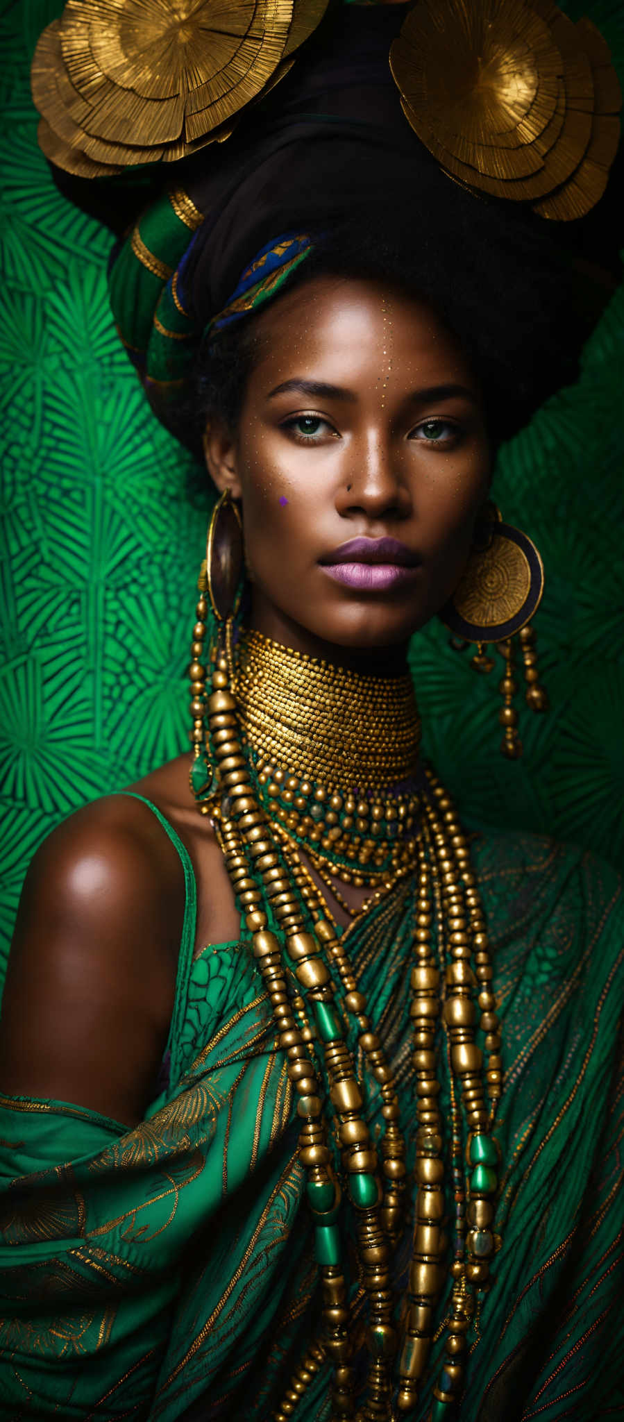 The image showcases a woman adorned in rich, vibrant colors. She wears a green dress with gold patterns and beadwork. Her headpiece is a combination of a dark headwrap and large golden ornaments that resemble sunflowers. The woman has gold jewelry, including multiple necklaces, earrings, and a choker. Her makeup is bold, with shimmering eyeshadow and a deep purple lip color. There are also small, decorative dots on her forehead.