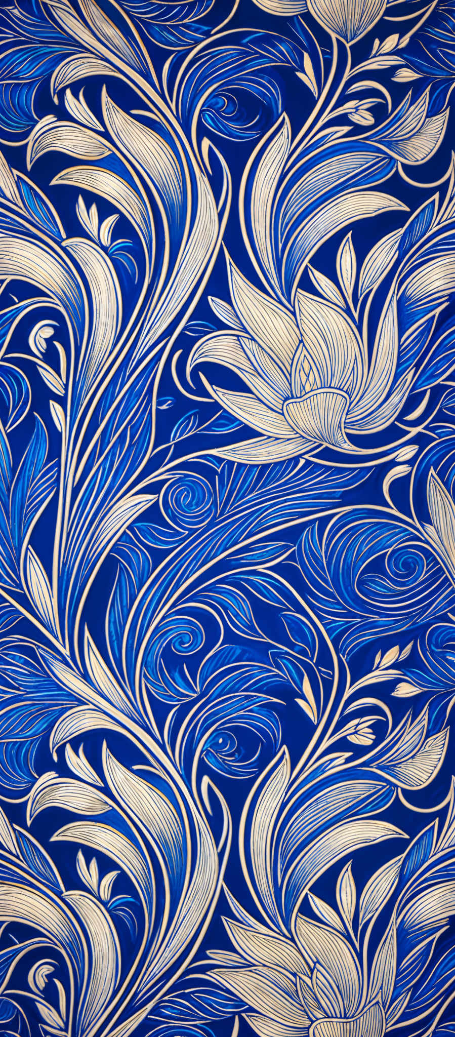 The image showcases a vibrant and intricate pattern. The dominant colors are shades of blue and gold. The pattern consists of swirling and curving designs that resemble flowers and leaves. The gold designs are set against a deep blue background, creating a striking contrast. The overall design is reminiscent of traditional or vintage patterns, possibly inspired by nature.