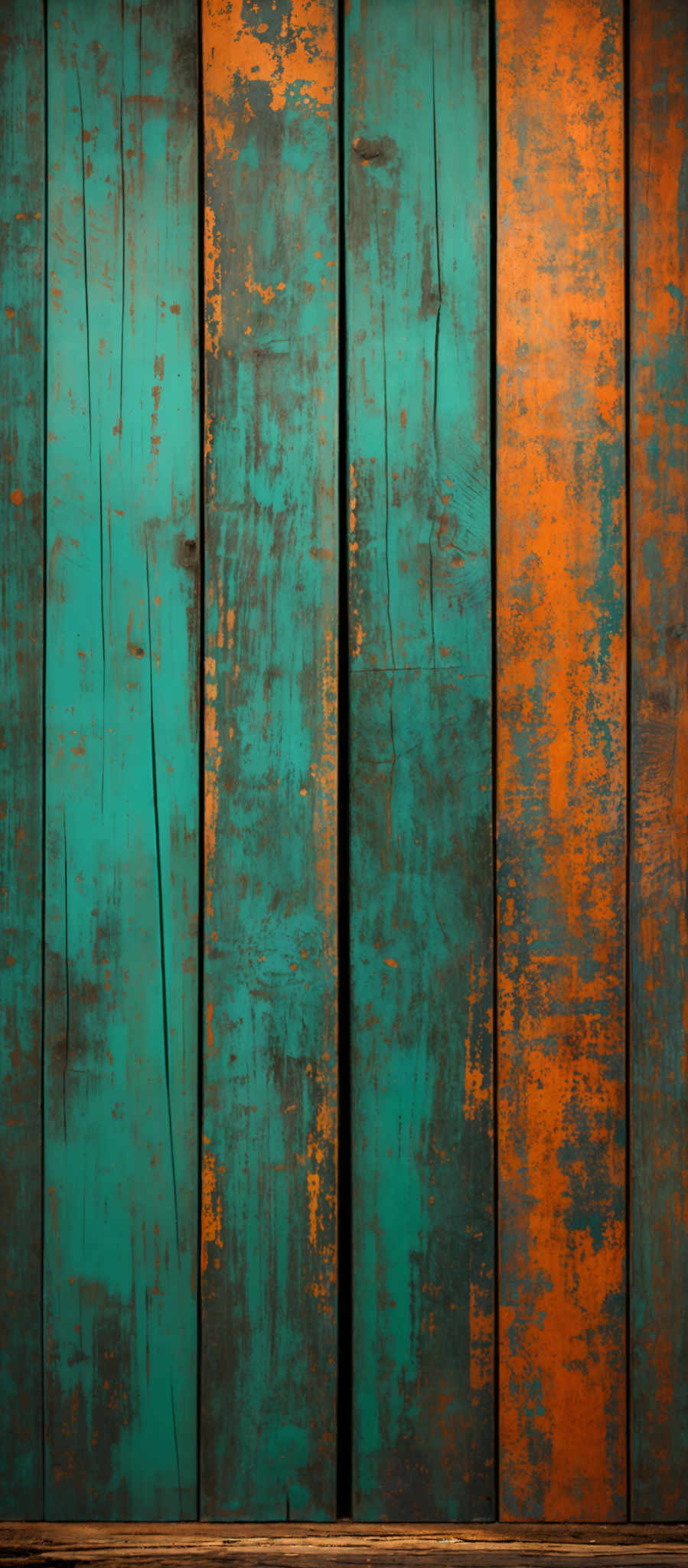 The image showcases a wooden surface with a rich texture. The predominant colors are shades of turquoise and orange, with the turquoisie being more pronounced on the left side and the orange on the right. The wood has a rustic appearance with visible grains, cracks, and signs of wear. There are also some areas where the paint has chipped off, revealing the underlying wood.