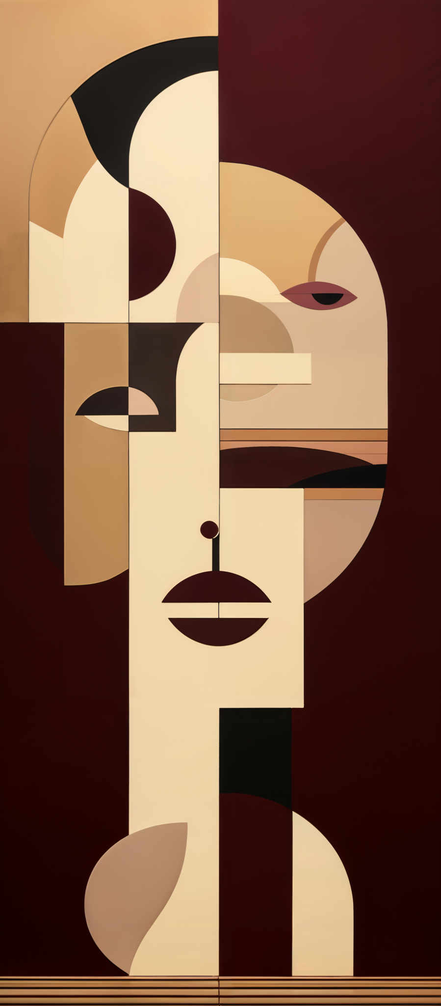 The image showcases an abstract artwork with a predominantly deep red background. The artwork features a combination of geometric shapes, including rectangles, circles, and semi-circles, all overlapping and interlocking. The shapes are divided into various sections with different colors such as beige, brown, and a muted pink. The central portion of the artwork has a face-like structure with a prominent nose, lips, and eyes. The eyes are depicted in a mauve color, and the lips are outlined in a dark shade. The overall composition gives a sense of modernism and abstraction.