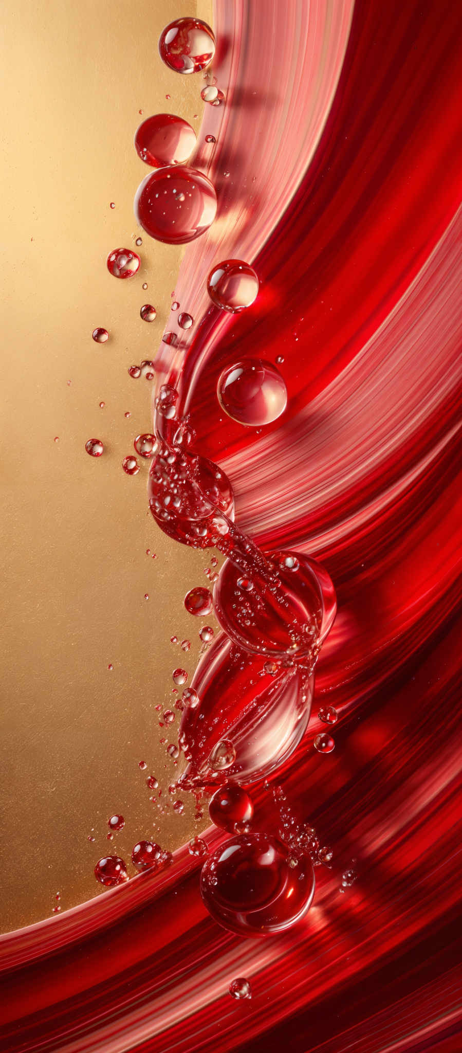 The image showcases a vibrant mix of colors. The dominant hue is a rich red, which forms fluid-like waves that cascade down the image, giving it a dynamic and flowing appearance. Interspersed within these waves are clear, bubbly formations, which appear to be made of water or some other transparent liquid. These bubbles vary in size, with some being larger and more pronounced, while others are smaller and more delicate. The background is a contrasting golden hue, which accentuates the red waves and provides a warm backdrop to the cooler tones of the red.