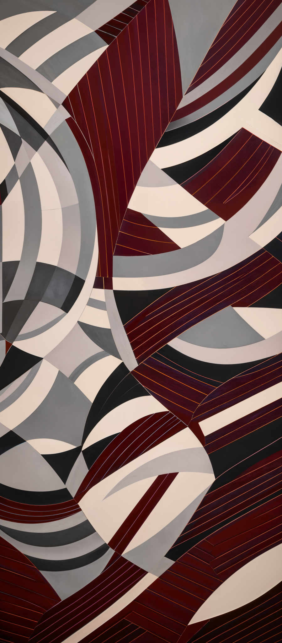 The image showcases an abstract painting with a plethora of geometric shapes and patterns. Dominant colors include shades of red, white, and gray. The shapes are predominantly curved and angular, interlacing and overlapping in a complex web. The painting appears to be a play of lines, curves, and geometric forms, creating a sense of movement and dynamism.