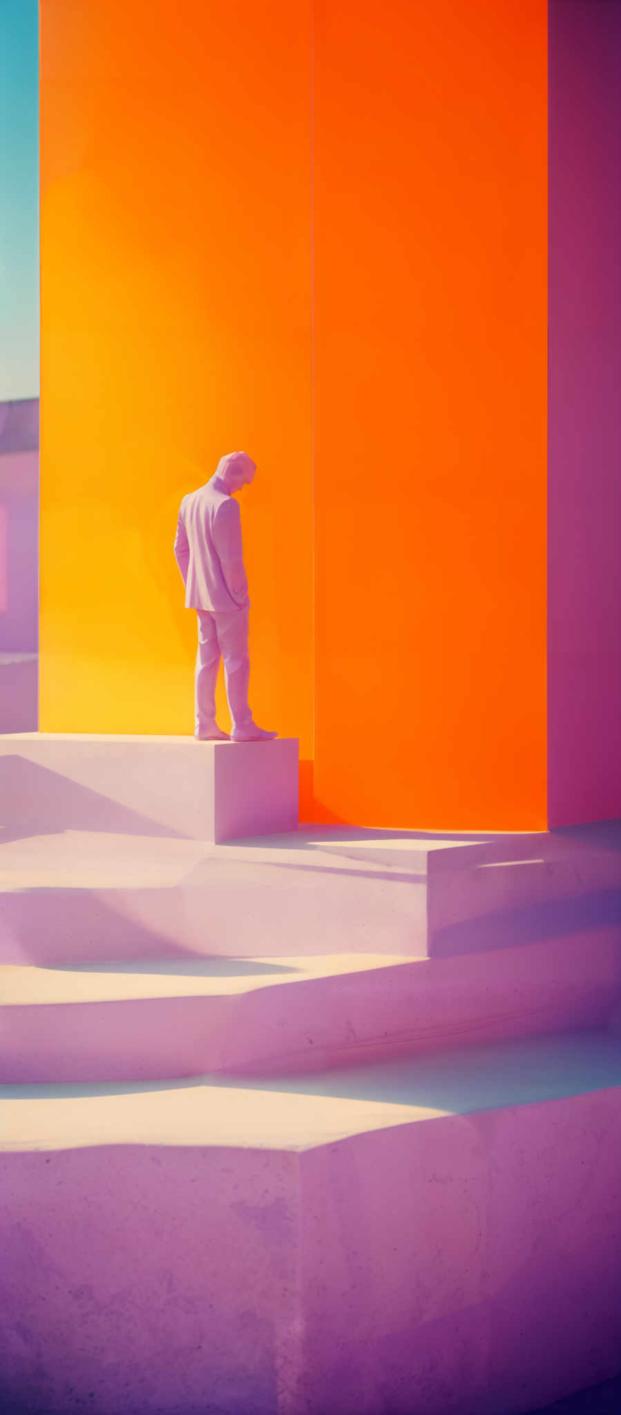 The image showcases vibrant and contrasting colors. The dominant colors are a bright yellow on the left side and a deep purple on the right. In the center, there's a white, humanoid figure standing on a white platform. The figure appears to be looking down, possibly observing the ground below. The platform is surrounded by a series of white, geometric shapes, creating an illusion of stairs or steps. The background reveals a clear sky with a hint of buildings, suggesting an urban setting.