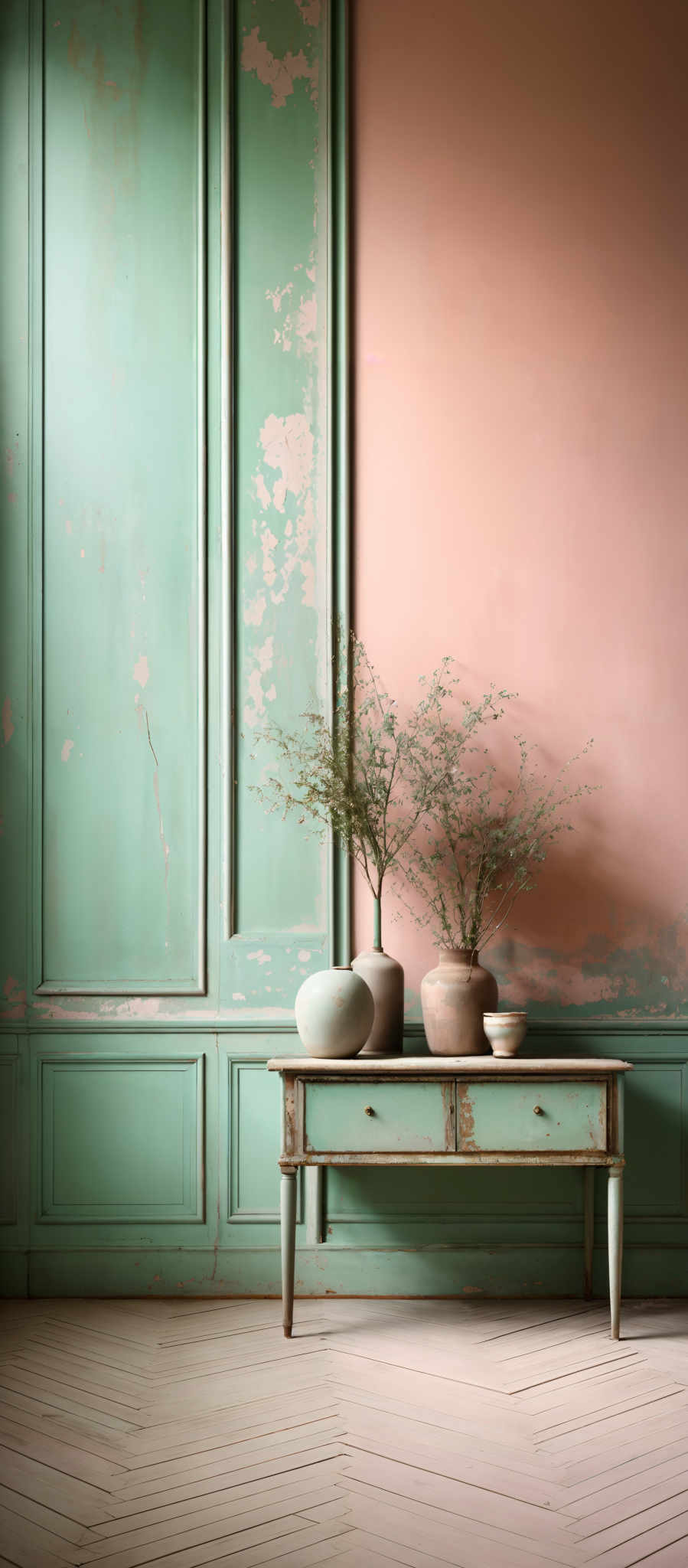 The image showcases a room with two distinct walls. The left wall is a deep shade of green with a worn-out, distressed finish, revealing patches of the underlying wall. The right wall is painted in a soft pink hue. On the pink wall, there's a wooden table with a greenish finish. Atop the table, there are three vases of varying sizes and shapes. Two of the vases are tall and slender, while the third is shorter and round. Each vase contains a plant with delicate branches. The floor is made of wooden planks arranged in a herringbone pattern.