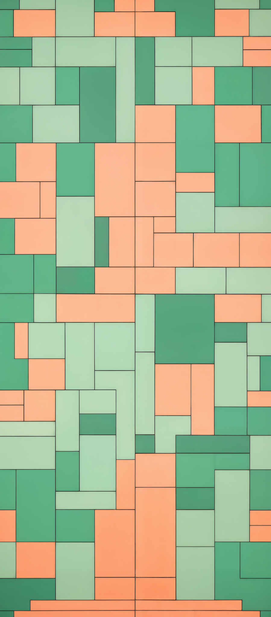 The image showcases a pattern of rectangular and square shapes arranged in a grid-like manner. The colors of these shapes vary between shades of green, orange, and white. The green and orange shades are complementary, creating a visually appealing contrast. The white spaces between the shapes provide a neutral backdrop, allowing the vibrant colors to stand out.