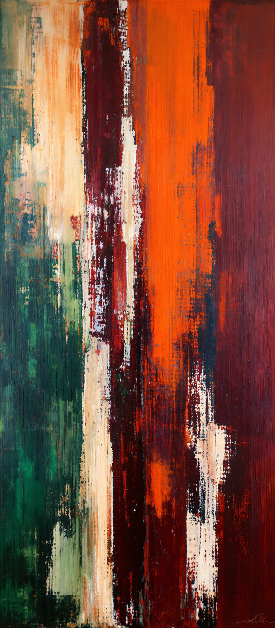 The image showcases an abstract painting with a rich palette of colors. The dominant colors include deep reds, vibrant oranges, and cool greens. The painting features vertical and horizontal strokes, with some areas having a rough texture, suggesting the use of brushes with varied thicknesses. The overall composition gives a sense of depth and movement, evoking emotions and interpretations that can vary from viewer to viewer.