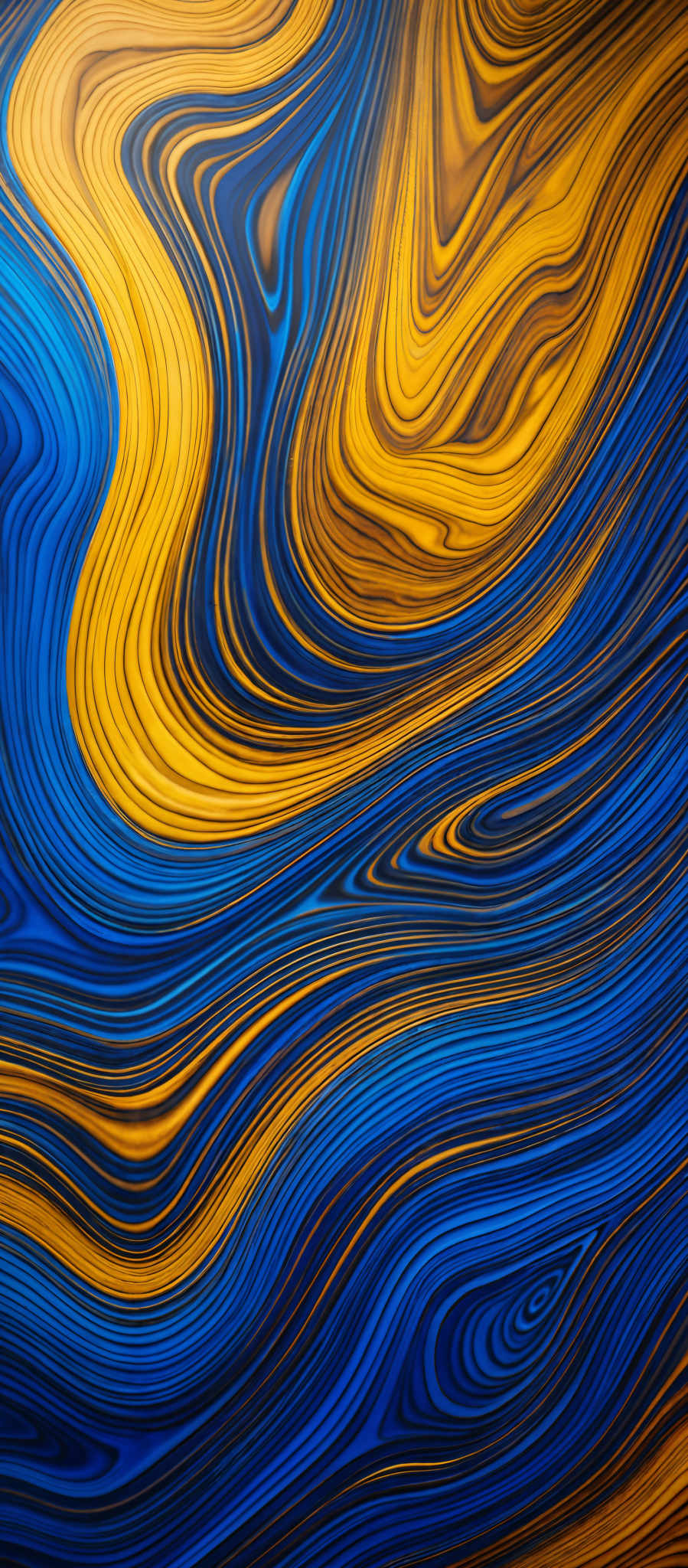 The image showcases a vibrant and intricate pattern of swirling lines. The predominant colors are shades of blue and gold. The blue lines are wavy and flow seamlessly, creating a sense of depth and movement. In contrast, the gold lines are more structured, forming a series of loops and curves. The overall effect is reminiscent of fluid dynamics or the flow of water, with the gold representing the ripples and the blue the deeper currents.