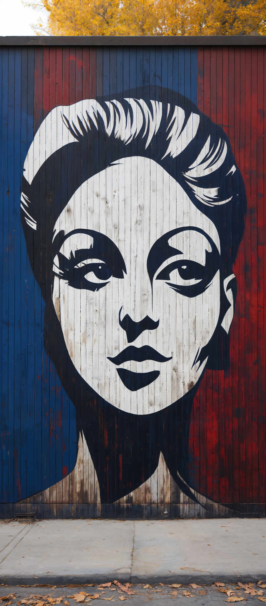 The image showcases a large mural of a woman's face painted on a wooden wall. The woman has pronounced eyebrows, a distinct hairstyle with voluminous hair on top and a sleek look on the sides, and a neutral expression. The mural is primarily in shades of blue, red, and white. The background consists of a wooden panel with a weathered look, and there are fallen leaves on the ground, suggesting an autumn setting.