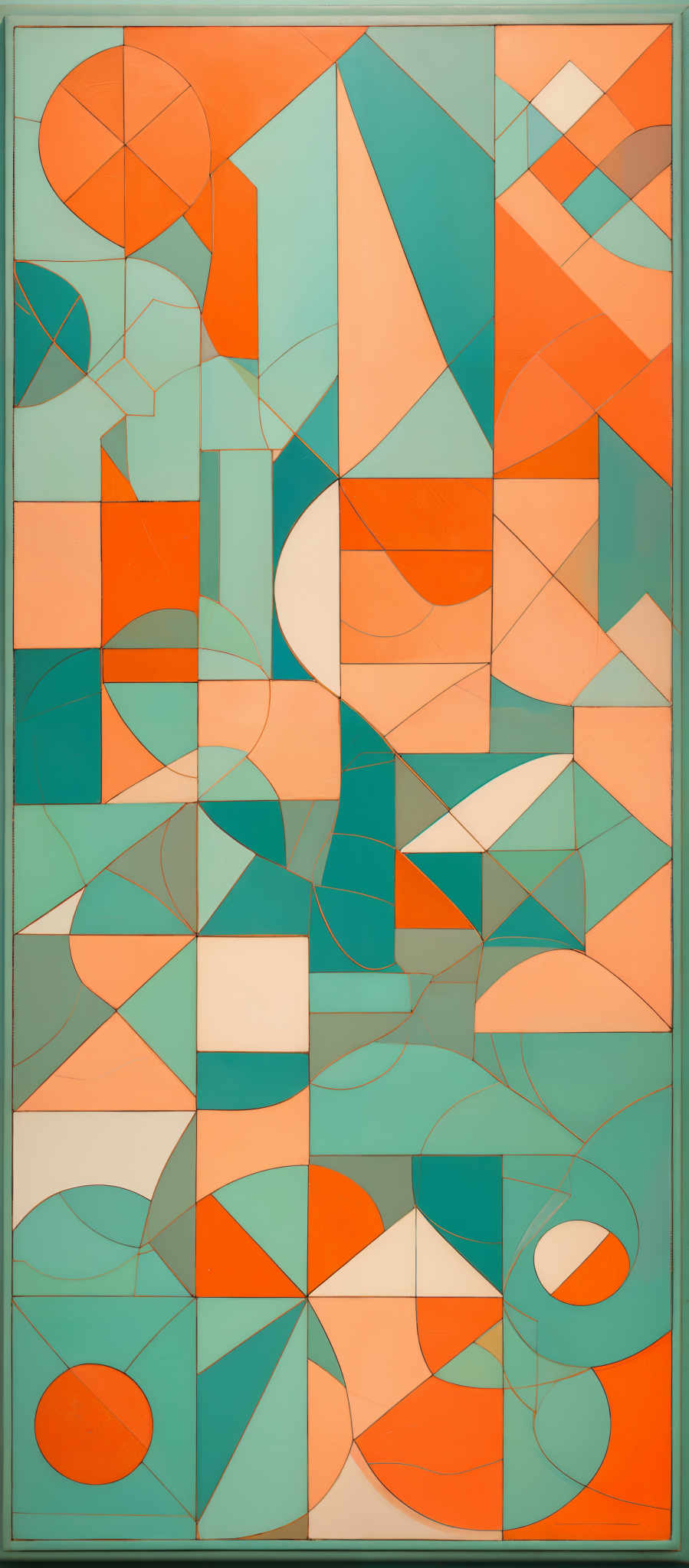 The image showcases an abstract artwork with geometric shapes and a variety of colors. The dominant colors are shades of blue, orange, and white. The shapes include rectangles, triangles, circles, and various overlapping and intersecting forms. The artwork seems to be composed of multiple layers, with each shape having its own color and shading, creating depth and dimension.