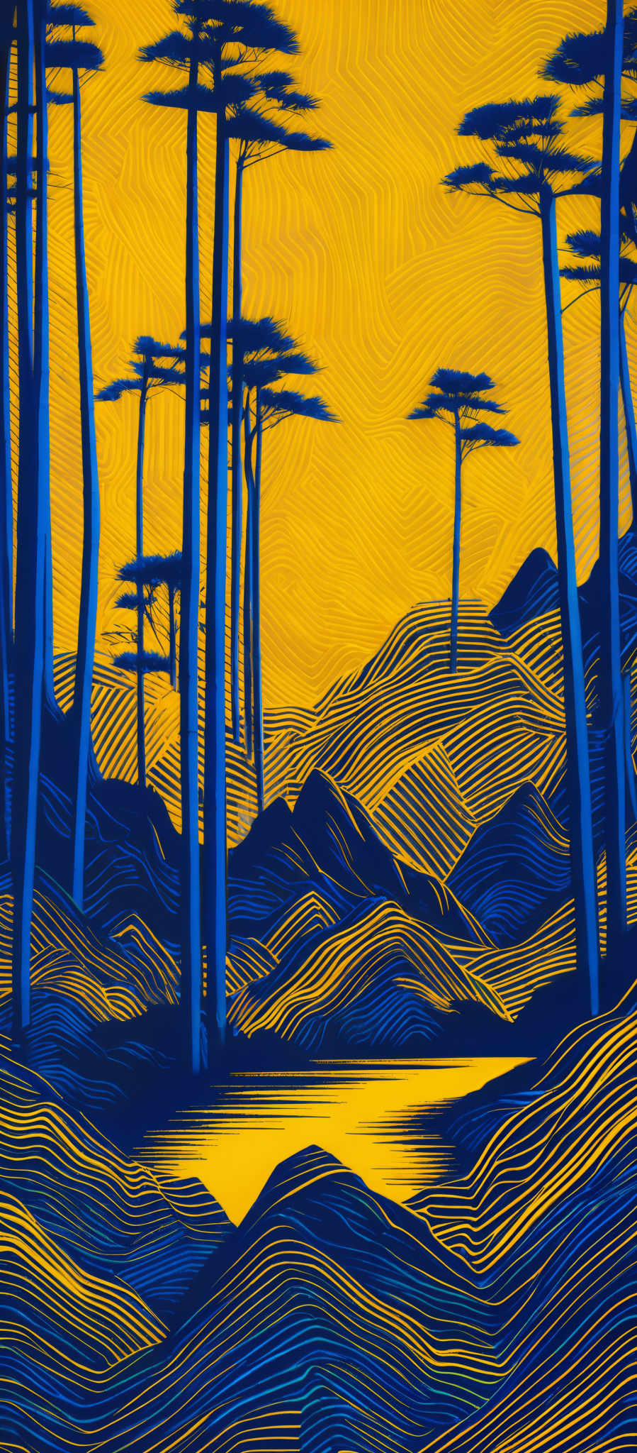 The image showcases a vibrant landscape with a dominant yellow background. There are tall, slender trees with dark blue trunks and a few of them have a smaller tree branching off from their top. The trees are set against a backdrop of undulating blue and yellow patterns, which could represent water or hills. The overall color palette is dominated by shades of blue and gold, creating a contrasting and visually appealing scene.