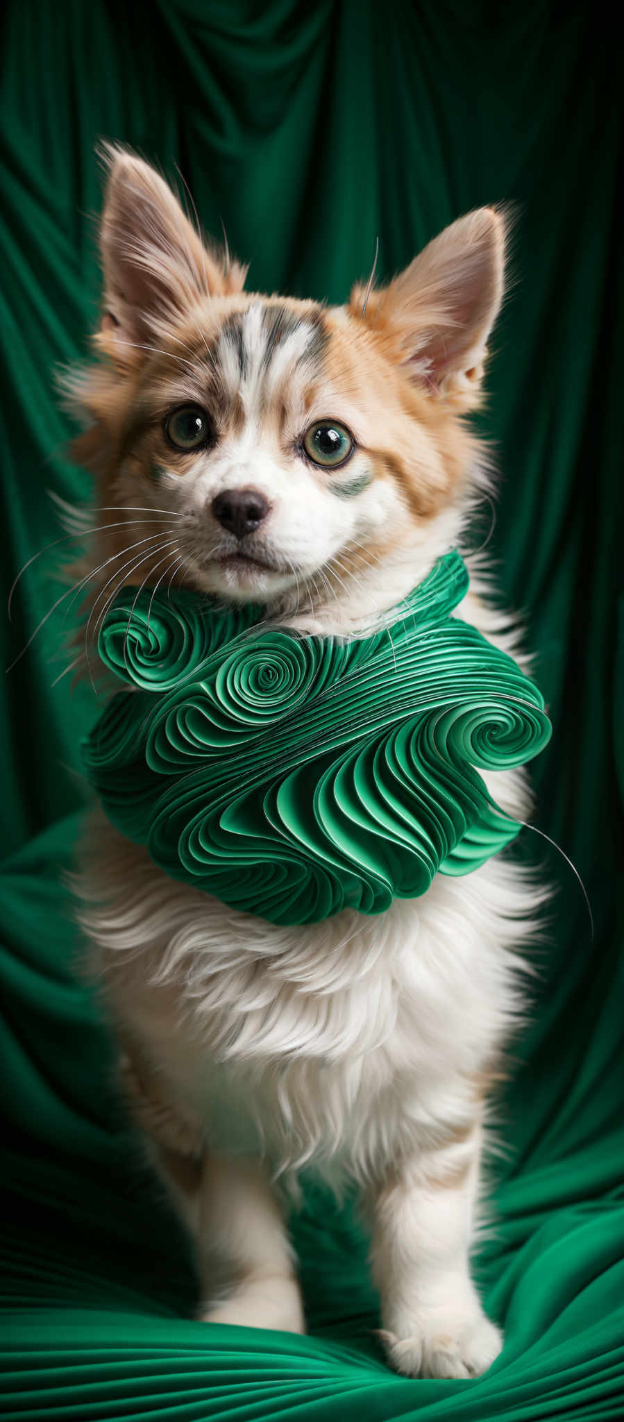 The image showcases a dog with a mix of white and light brown fur. The dog has striking green eyes and a unique pattern on its forehead. It is adorned with a green, swirled accessory around its neck, which appears to be made of layered, spiral-shaped paper or fabric. The background is a deep shade of green, creating a contrast with the dog's fur and accessory.