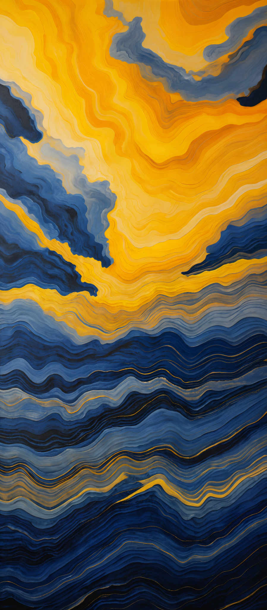 The image showcases a vibrant and dynamic landscape painting. The dominant colors are shades of blue, yellow, and white. The top portion of the image is dominated by swirling patterns of yellow and white, resembling a sunset or sunrise. Below this, there are layered blue waves, reminiscent of a sea or ocean. The waves have a wavy, undulating pattern, and the blue shades vary from deep navy to lighter shades, giving a sense of depth and movement.