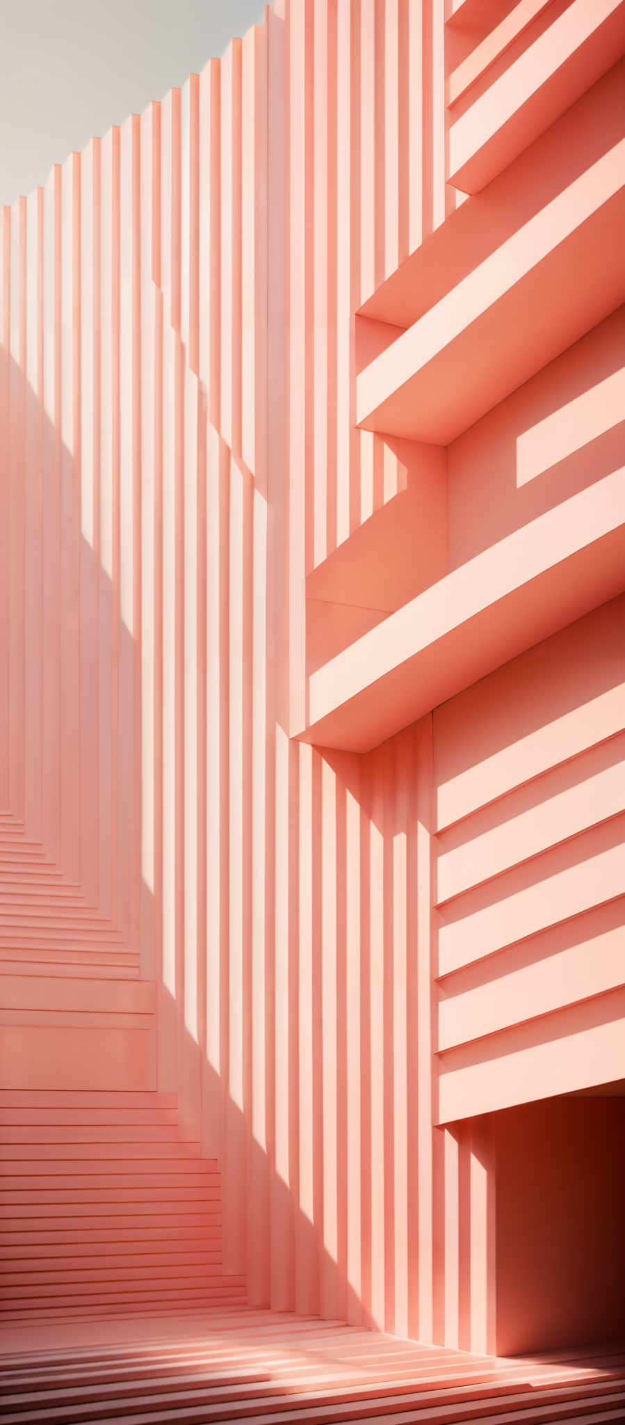 The image showcases a modern architectural design with a predominant use of pastel pink and peach colors. The structure features layered, rectangular blocks that create a rhythmic pattern. The design is symmetrical, with the blocks alternating in height and orientation. The play of light and shadow on the blocks adds depth and dimension to the image, highlighting the geometric patterns and creating a sense of movement.