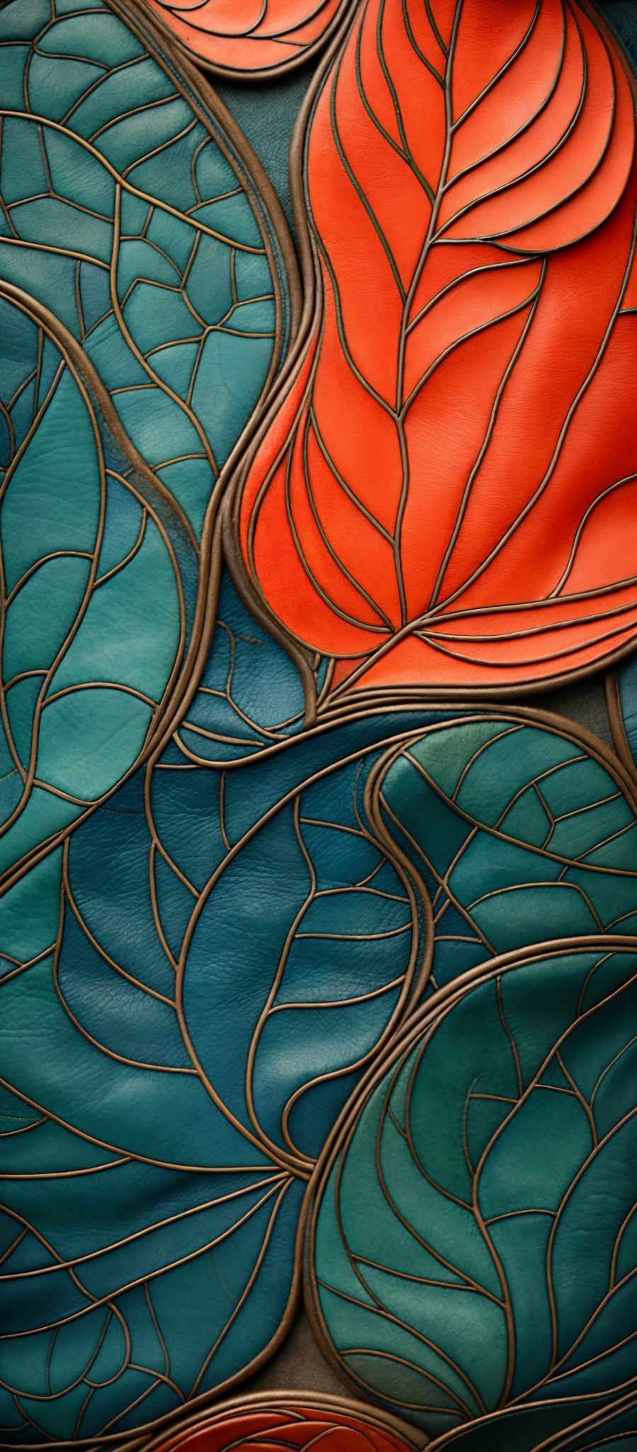 The image showcases a series of interconnected, organic shapes that resemble leaves. These shapes are predominantly in shades of blue and orange, with intricate gold outlines. The blue shapes are cooler in tone, while the orange ones are warmer. The gold outlining gives depth and dimension to the shapes, making them appear almost three-dimensional. The overall design is reminiscent of a mosaic or a stained-glass artwork.