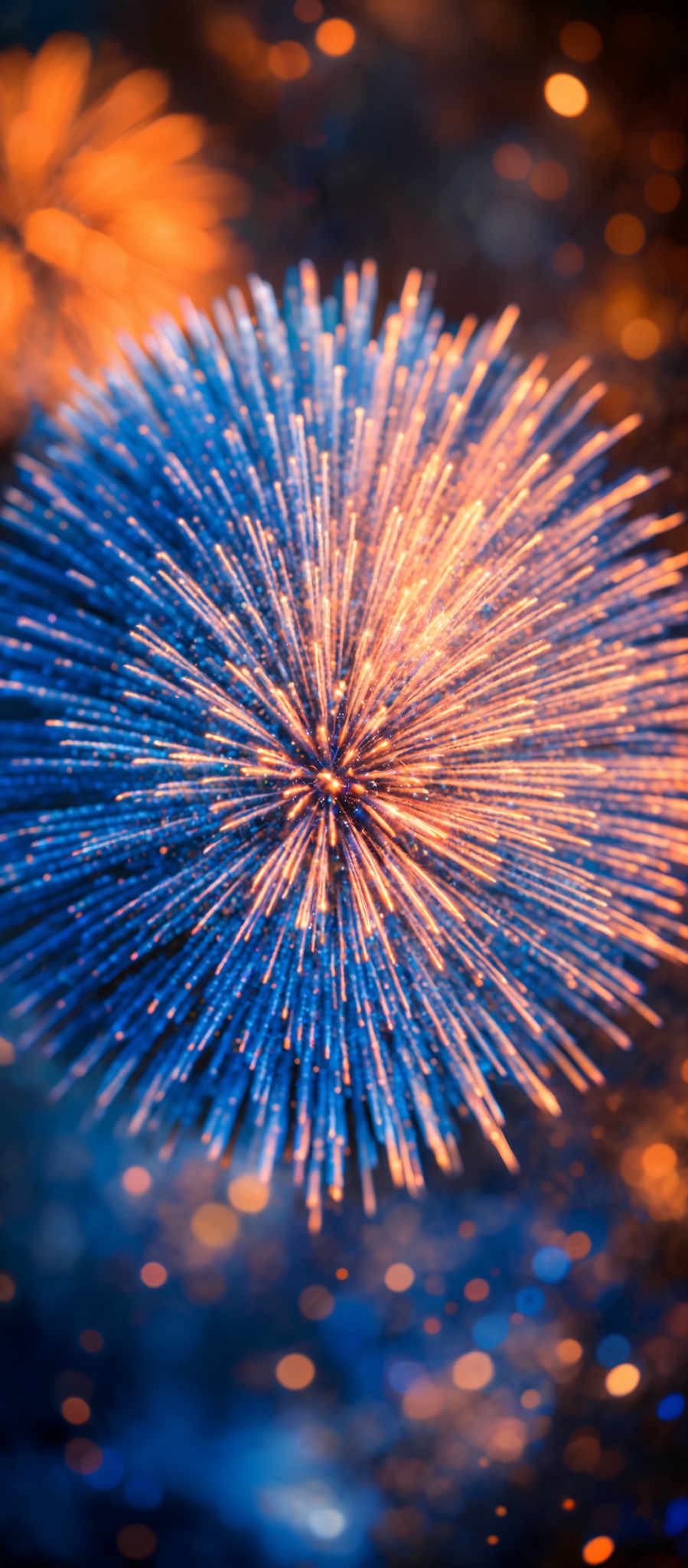 The image showcases a vibrant display of fireworks or explosions. The dominant color is a deep blue, which gradually transitions to a radiant golden-orange hue. The shape is reminiscent of a burst or explosion, with radiating lines emanating outwards, giving the impression of a spherical or dome-like structure. The golden-colored particles or sparks are scattered throughout, adding to the luminosity and dynamism of the scene.