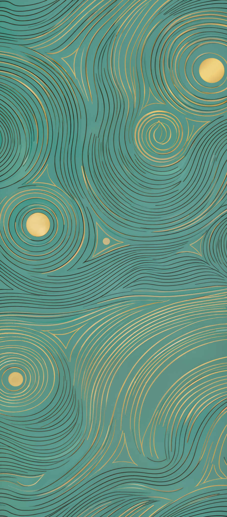 The image showcases a pattern with a teal background. The pattern consists of intricate, wavy lines that resemble topographic contours or abstract representations of water. These lines are interspersed with circular patterns, some of which are filled with a golden hue. The overall feel of the image is fluid and organic, with a harmonious blend of colors.