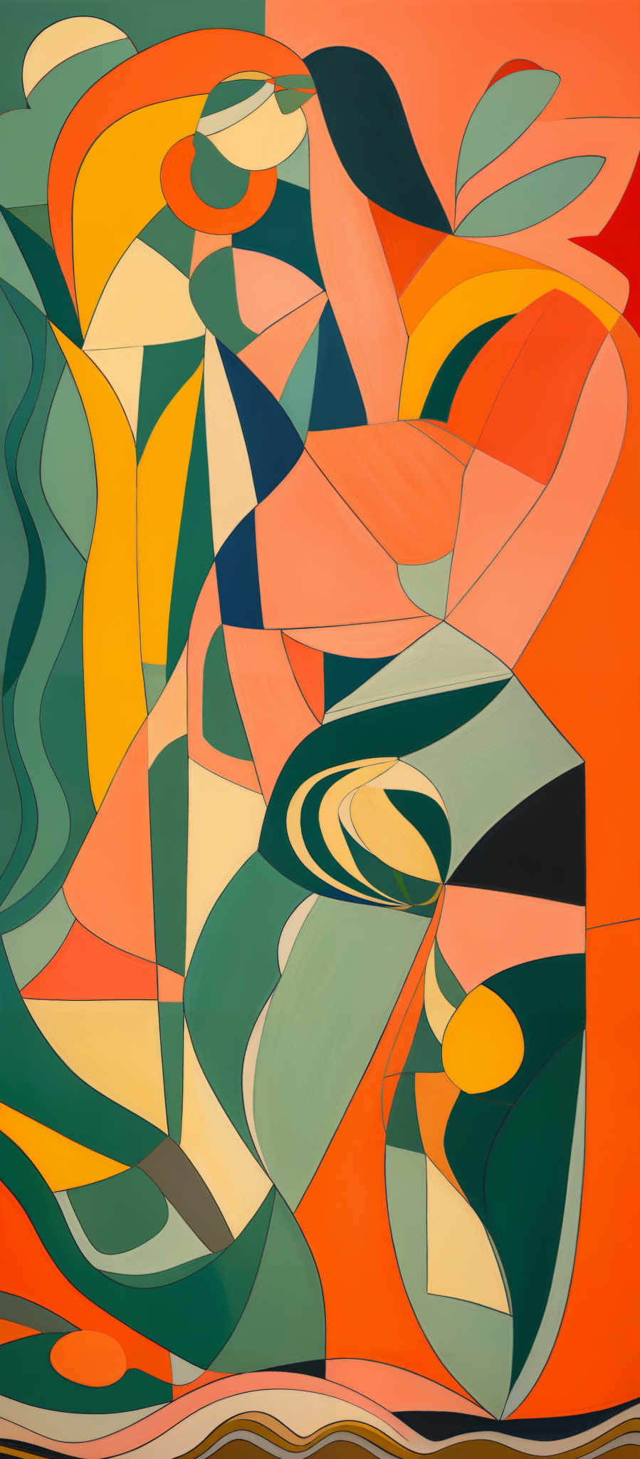 The image showcases an abstract artwork with a vibrant palette of colors. Dominant colors include shades of orange, green, yellow, and blue. The shapes are geometric and overlapping, creating a sense of depth and movement. The artwork seems to depict intertwining forms, possibly representing figures or objects, with curves and straight lines intermingling. The overall feel is dynamic and evokes a sense curiosity about the artist's inspiration.