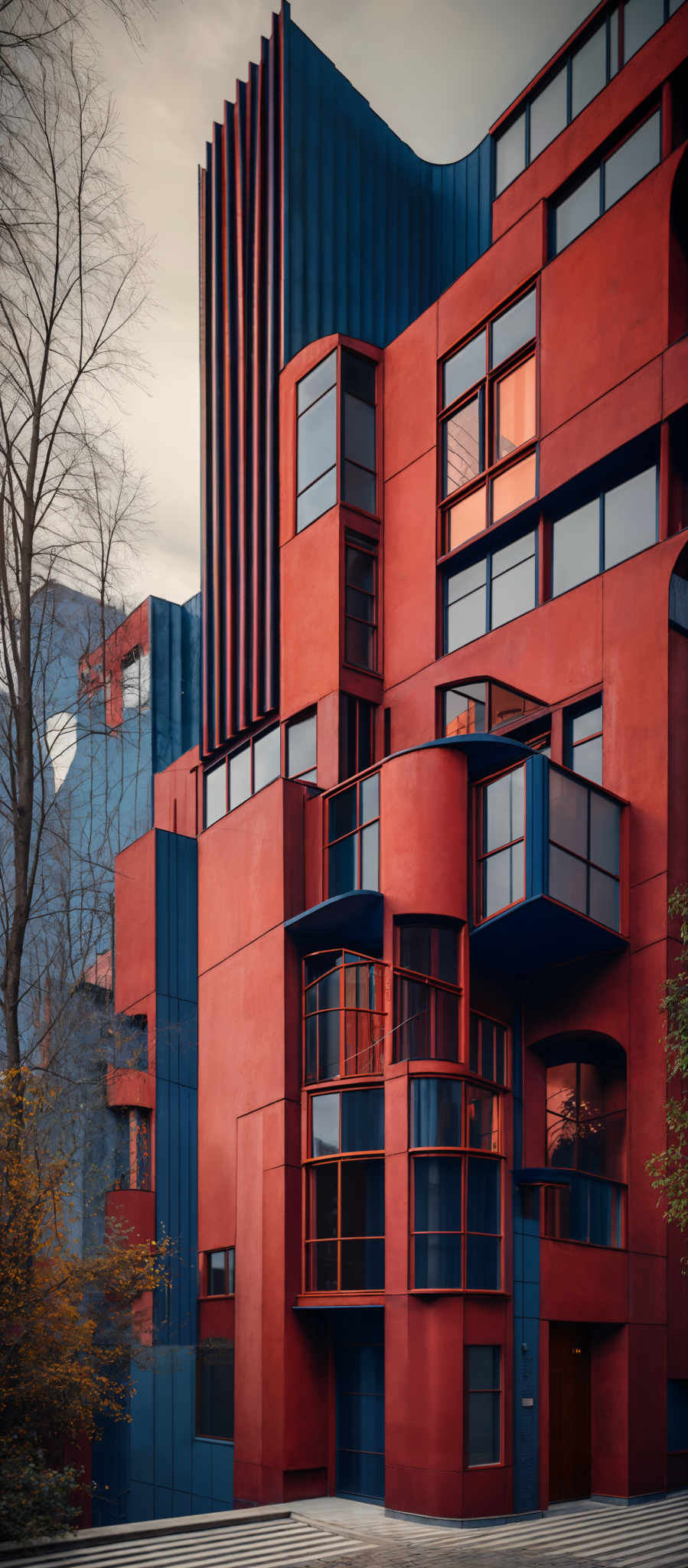 The image showcases a unique architectural structure with a blend of geometric shapes and vibrant colors. The predominant colors are deep red and blue. The building has multiple levels, with irregularly shaped windows and balconies. The design appears to be a fusion of modern and brutalist styles, with sharp edges and a play of light and shadow. The sky in the background is overcast, adding a moody ambiance to the scene.