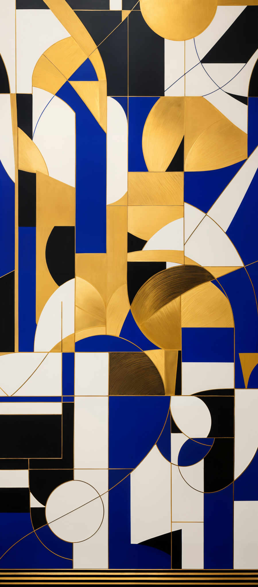 The image showcases an abstract artwork with a predominant use of geometric shapes. The primary colors are gold, white, and blue. The gold is used to create overlapping curves and rectangles, while the white and blue are used to form various blocks, rectangles and curves. The artwork seems to be a modern take on cubism, with a mix of sharp angles and curves, giving it a dynamic and visually appealing look.