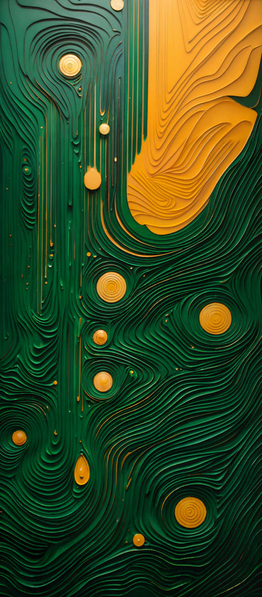 The image showcases an intricate pattern of swirling lines and shapes. The dominant colors are varying shades of green and yellow. The green forms wavy patterns that resemble topographical contours or flowing water, while the yellow forms circular patterns that could be interpreted as suns or orbs. The overall design gives a sense of depth and movement, as if the green is flowing over the yellow.