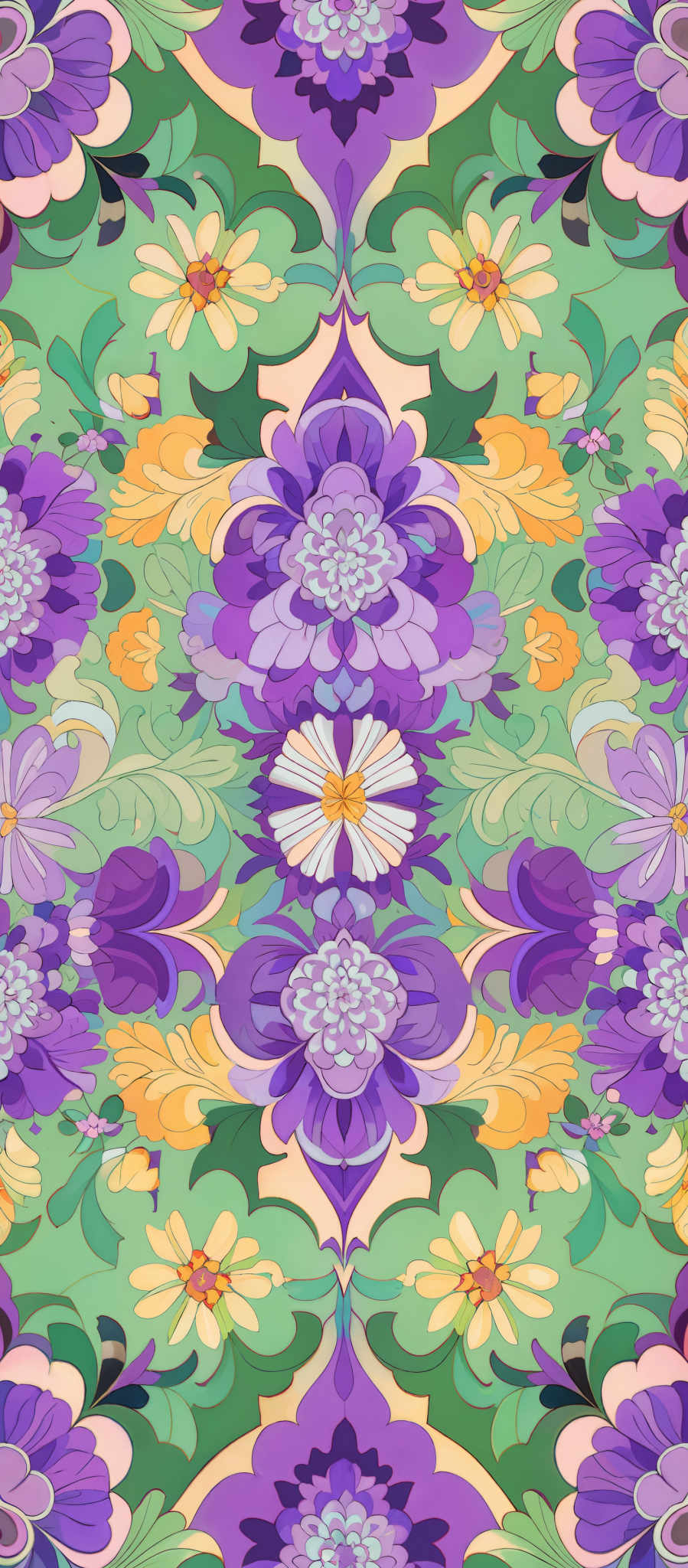 The image showcases a vibrant and intricate floral pattern. It predominantly features shades of purple, green, and yellow. The floral motifs are symmetrical and are composed of large, ornate flowers with detailed petals and centers. The background is a lush green, which provides a contrast to the bright colors of the flowers. The overall design is reminiscent of traditional tapestry or fabric patterns.