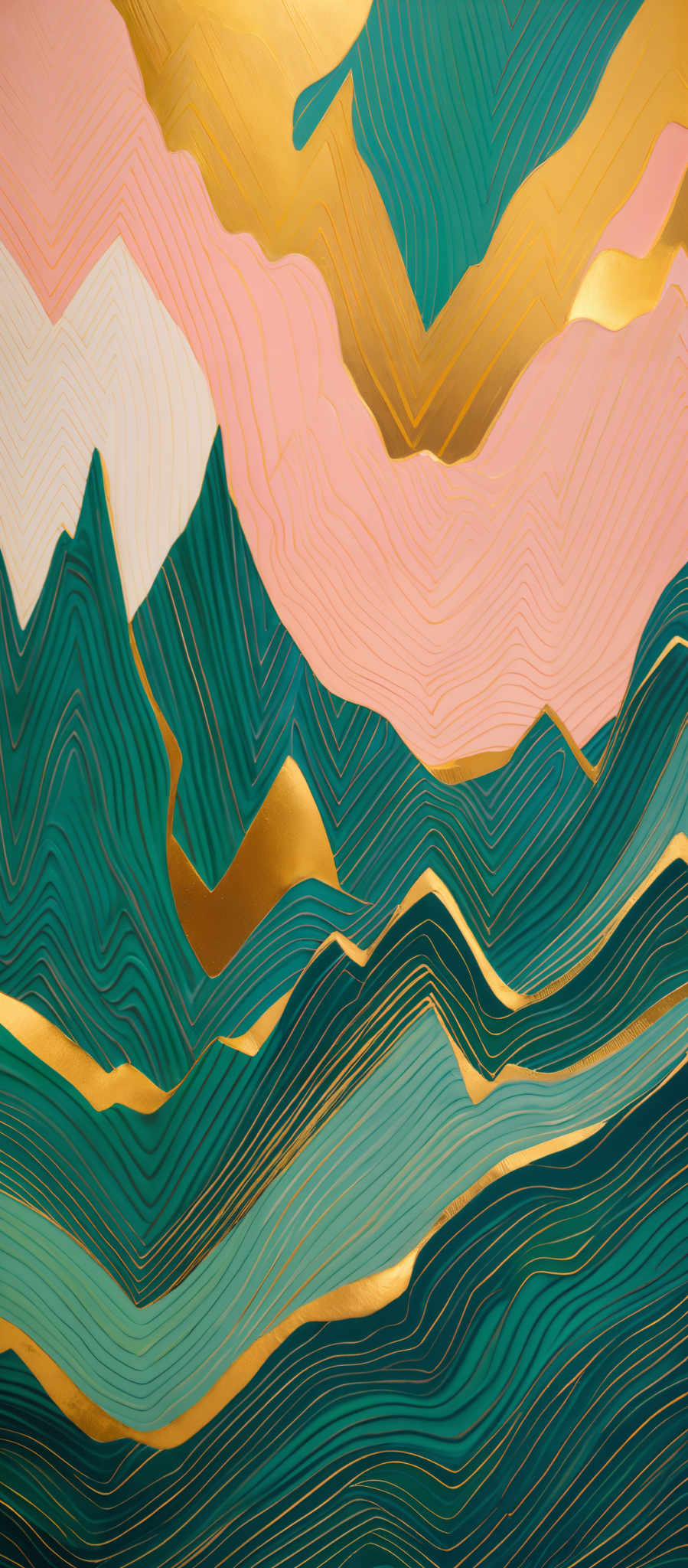 The image showcases a vibrant and intricate design. It features a combination of pastel colors like pink, teal, and gold. The design consists of layered, wavy patterns that resemble mountains or waves. The gold lines add a touch of luxury and contrast to the softer colors. The overall feel is one of fluidity and movement, reminiscent of a topographical map or abstract representation of natural landscapes.