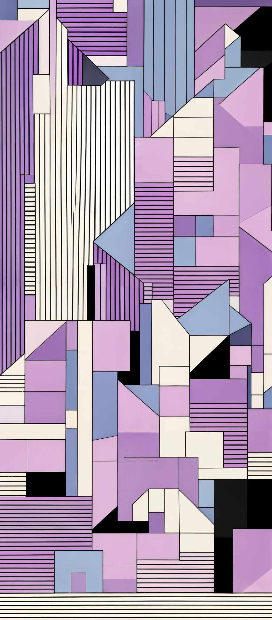 The image showcases an abstract geometric composition. It predominantly features a variety of rectangles, squares, and triangles in shades of purple, blue, white, and black. The shapes are interconnected, forming a complex and intricate pattern. The color palette is cool, with the purples and blues being the most dominant, complemented by the stark black and white lines.