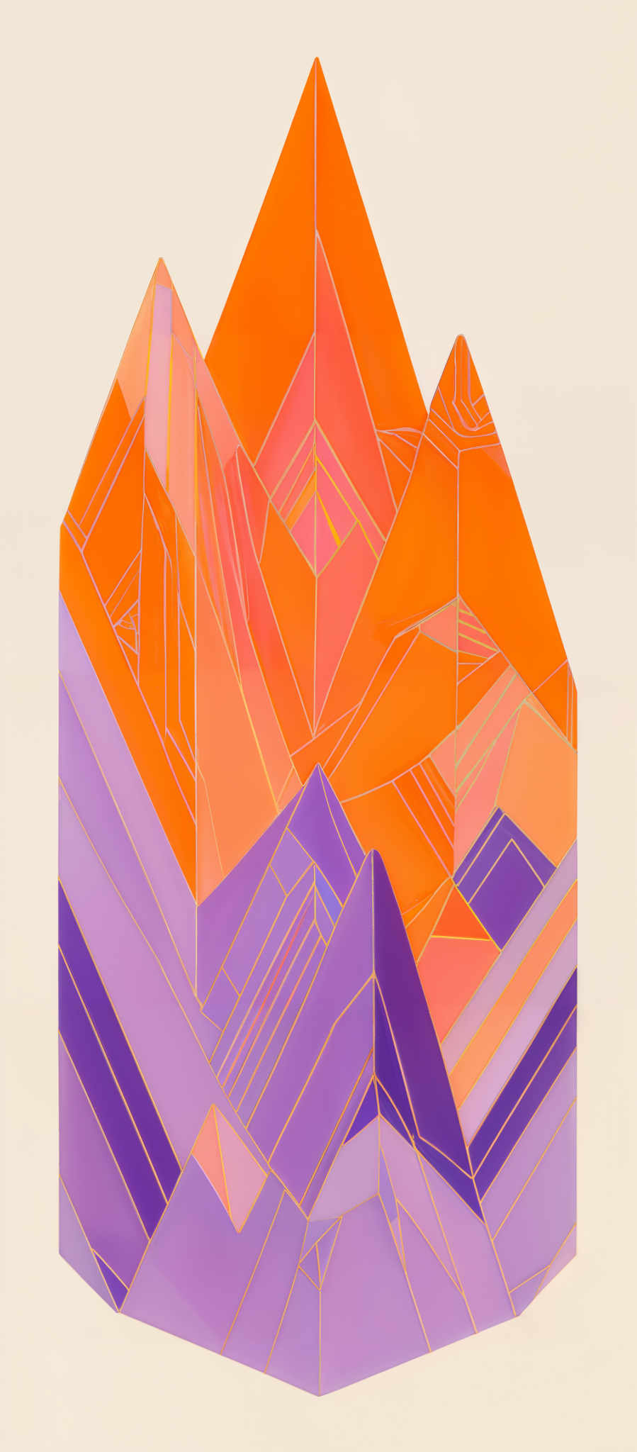 The image showcases a series of geometric shapes, predominantly triangles, that are interconnected. These shapes are colored in a gradient of warm tones, transitioning from orange to yellow to a muted purple. The intersections of these triangles form various patterns and designs, giving the image a modern and abstract feel.