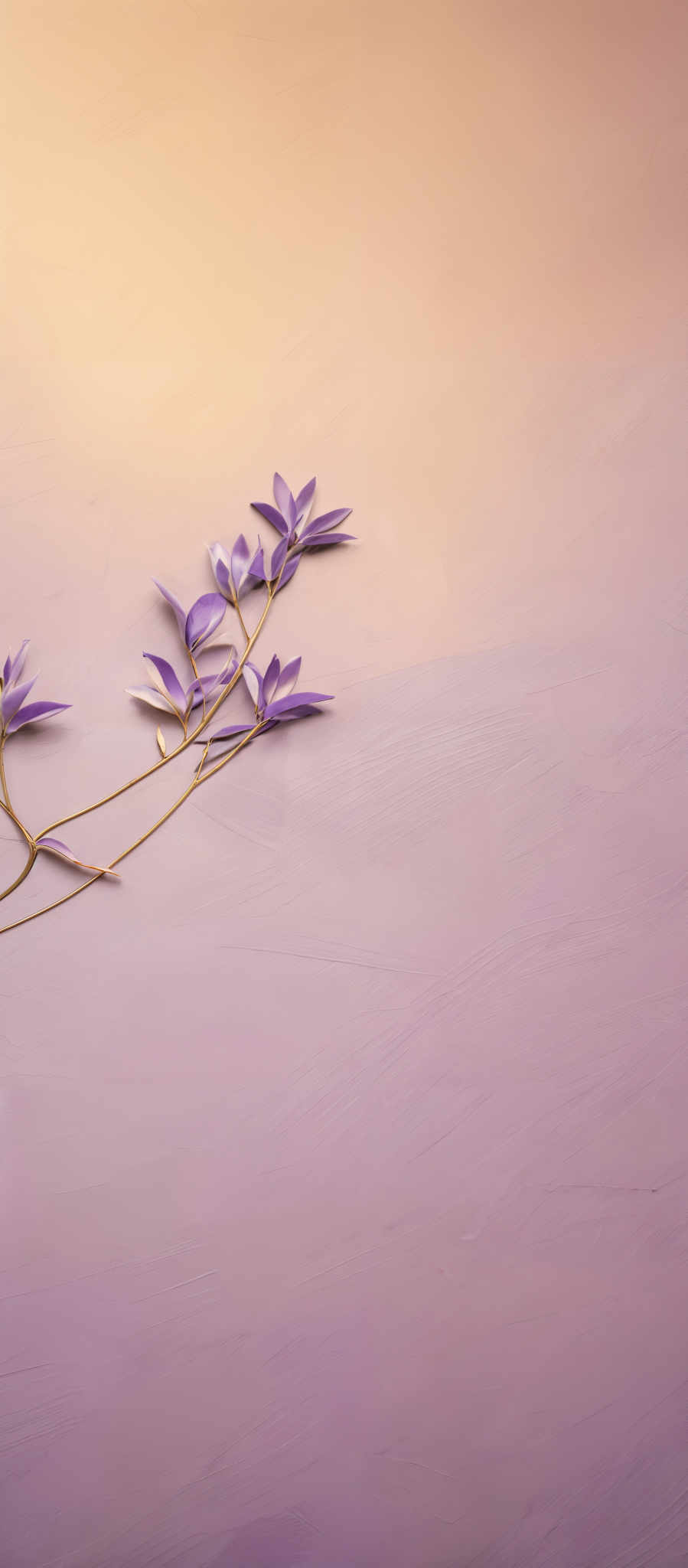 The image showcases a delicate arrangement of purple flowers with slender stems. The flowers are positioned against a gradient background transitioning from a soft peach to a muted lavender. The overall composition exudes a sense of serenity and elegance.