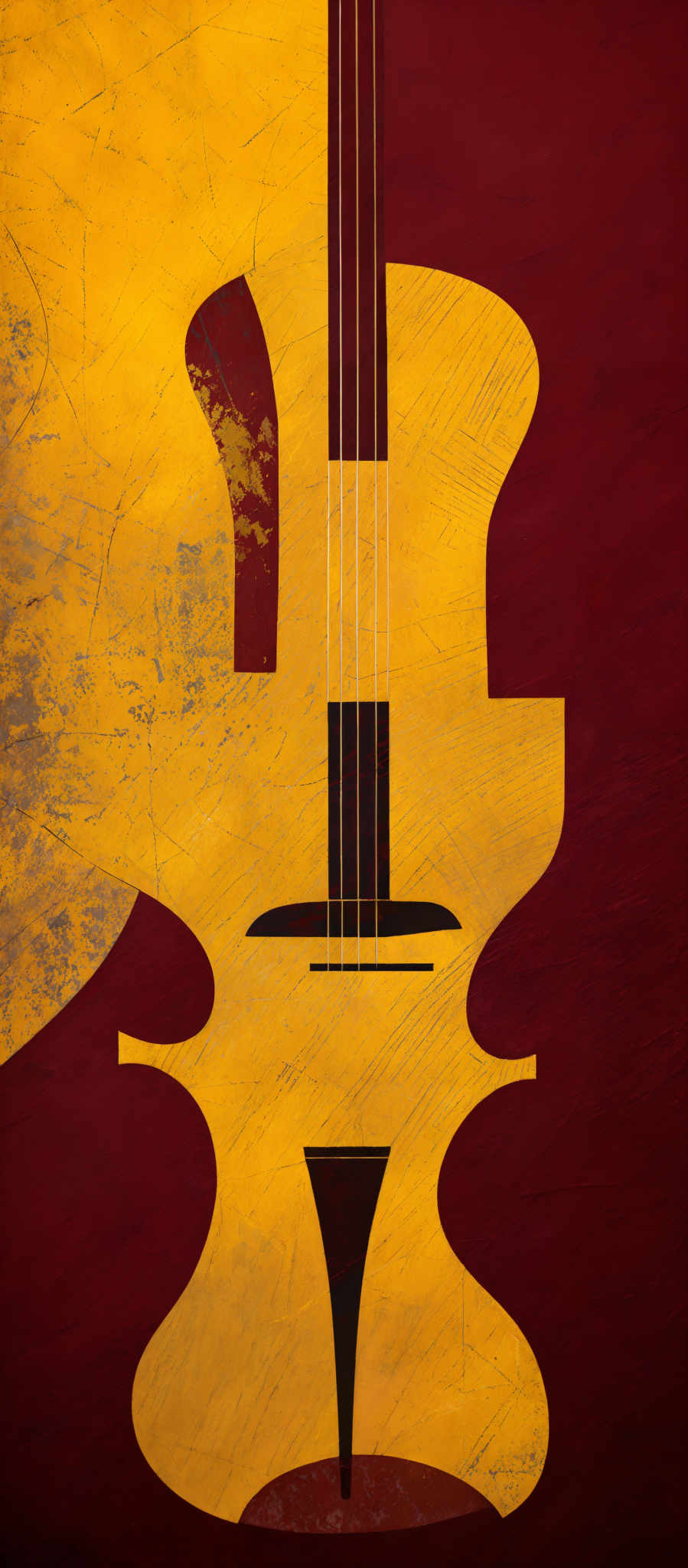 The image showcases a stylized representation of a musical instrument, which appears to be a cello or double bass. The primary colors used are shades of yellow and deep red. The cello is depicted in a fragmented manner, with parts of it overlapping and intertwined. The background has a rich, textured appearance with a mix of yellow, red, and some grayish-white patterns, giving it an aged or weathered look.