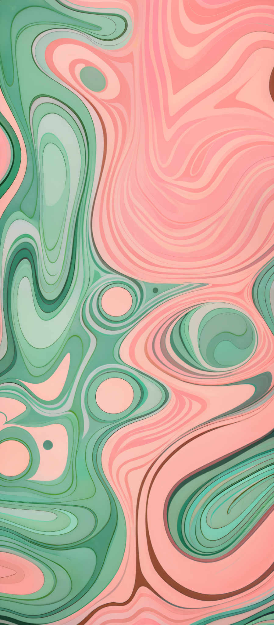 The image showcases a vibrant and abstract pattern. It predominantly features swirling lines and shapes in a mix of pastel colors. The colors range from soft pinks and peach to cool greens and teals. The swirls are intricate, with some forming loops and others merging into one another, creating a fluid and dynamic appearance. The overall feel of the image is both mesmerizing and whimsical.