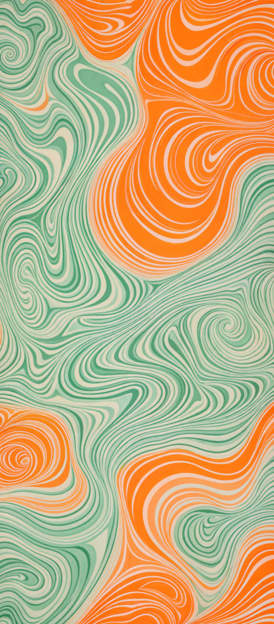 The image showcases a vibrant and intricate pattern of swirling lines in various shades of green, orange, and white. The lines form a mesmerizing interplay of curves and waves, creating a visual effect reminiscent of topographic maps or fluid dynamics. The predominant colors are a lush green and a warm orange, with the white lines providing contrast and adding depth to the design.