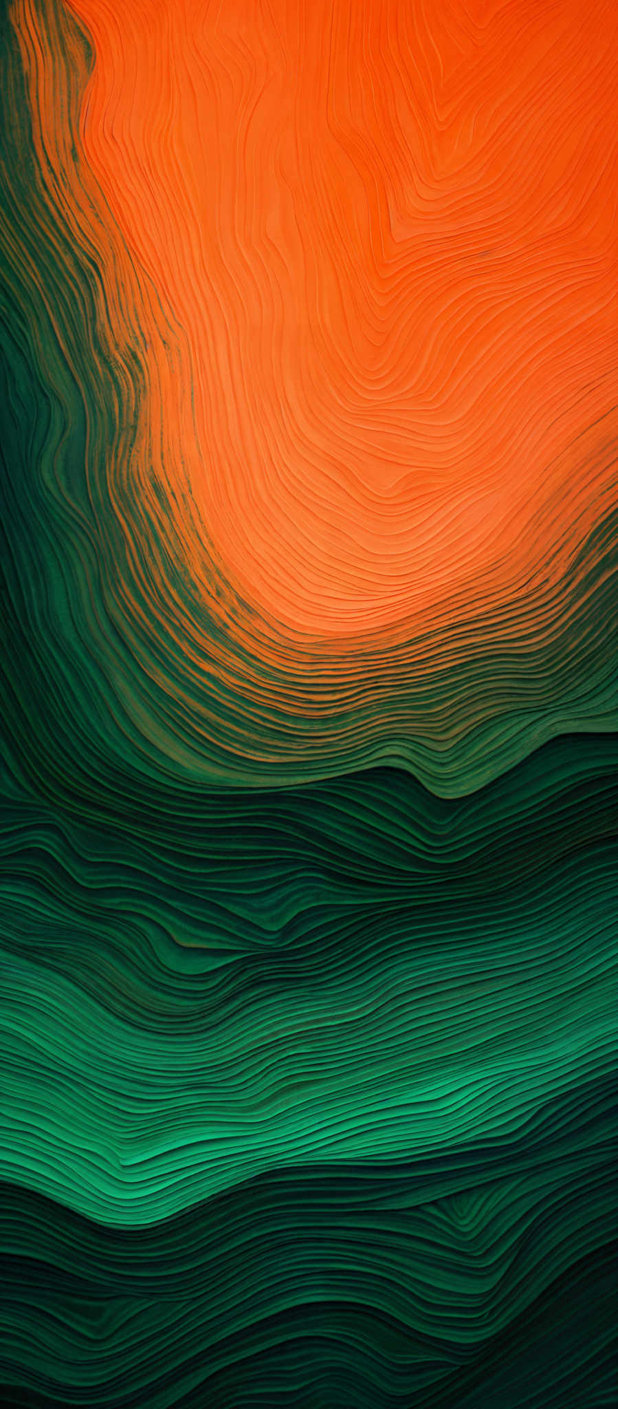 The image showcases a vibrant and intricate pattern of swirling lines. The dominant colors are shades of orange, green, and deep blue. The orange forms a large, wavy, and textured pattern that seems to resemble a flowing or erupting substance. Below this, there are layers of green and blue, which appear to be more fluid and wavy. The overall effect is reminiscent of a topographical map or a fluid dynamics visualization, with the colors and patterns giving a sense of depth and movement.