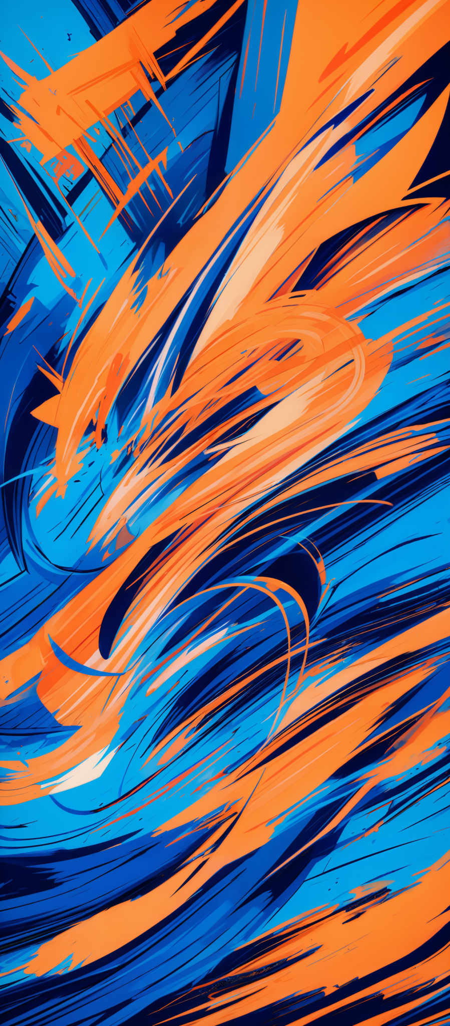 The image showcases a vibrant and dynamic abstract artwork. It predominantly features swirling patterns of blue and orange colors. The shapes are fluid and organic, resembling waves or flowing water. The interplay of the colors creates a sense of movement and energy, evoking feelings of dynamism and fluidity.