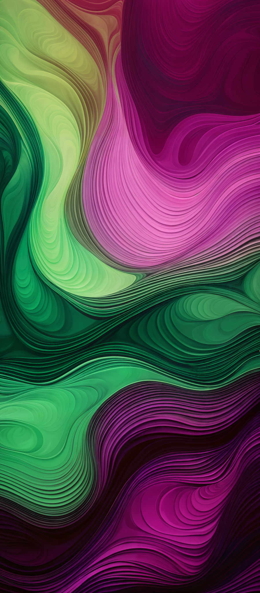 The image showcases a vibrant and intricate pattern of swirling colors. The dominant colors include shades of green, pink, and purple. The swirls are fluid and wavy, creating a sense of movement and depth. The patterns resemble the flow of liquid or the texture of fabric, giving the image a dynamic and textured appearance.